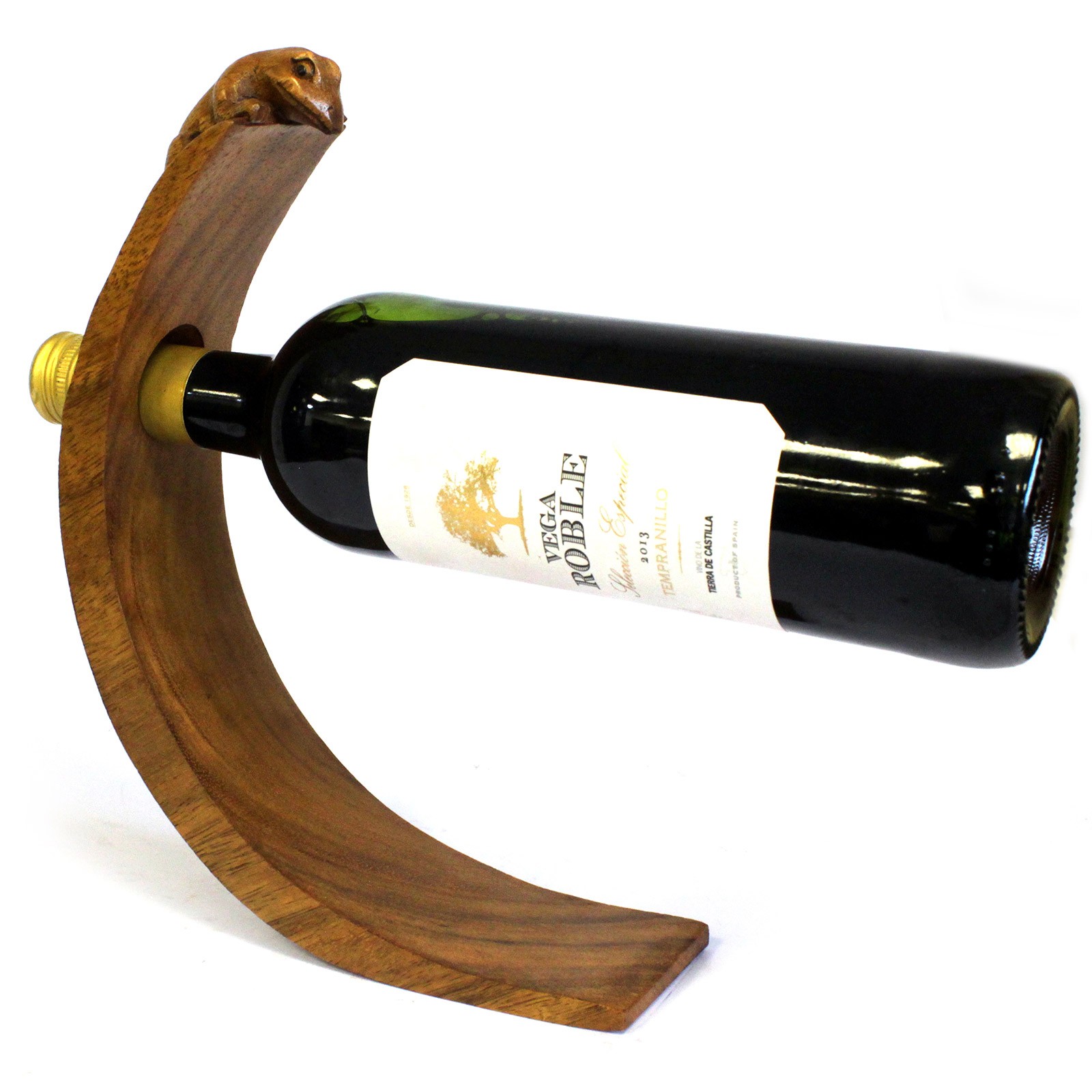 Hand-Carved Suar Wood Balancing Wine Bottle Holder - Gecko Design