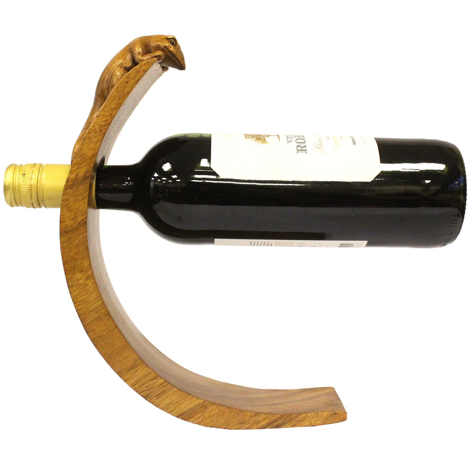 Hand-Carved Suar Wood Balancing Wine Bottle Holder - Gecko Design1