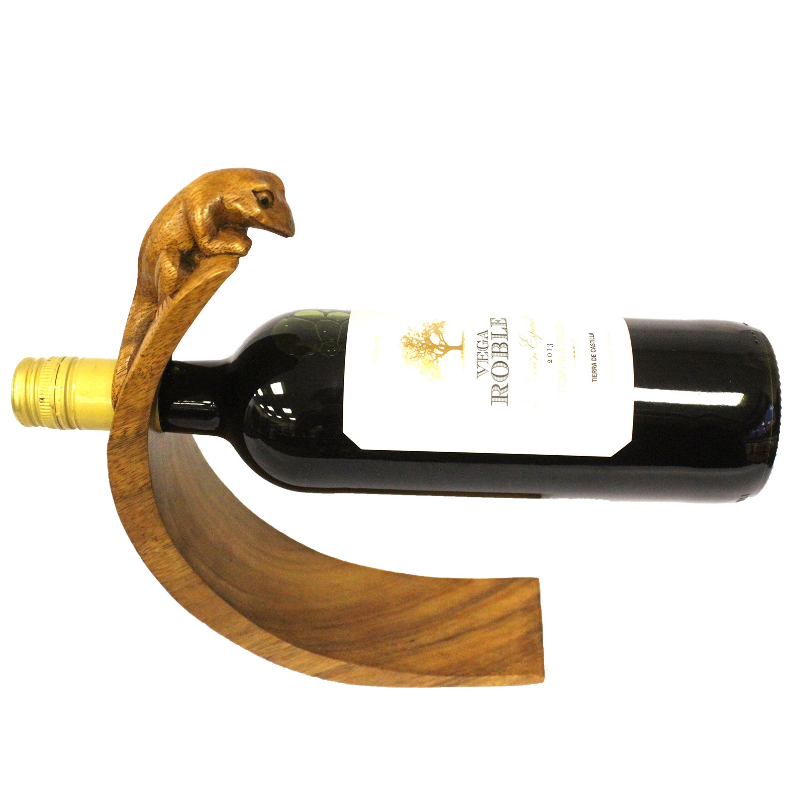 Hand-Carved Suar Wood Balancing Wine Bottle Holder - Gecko Design2
