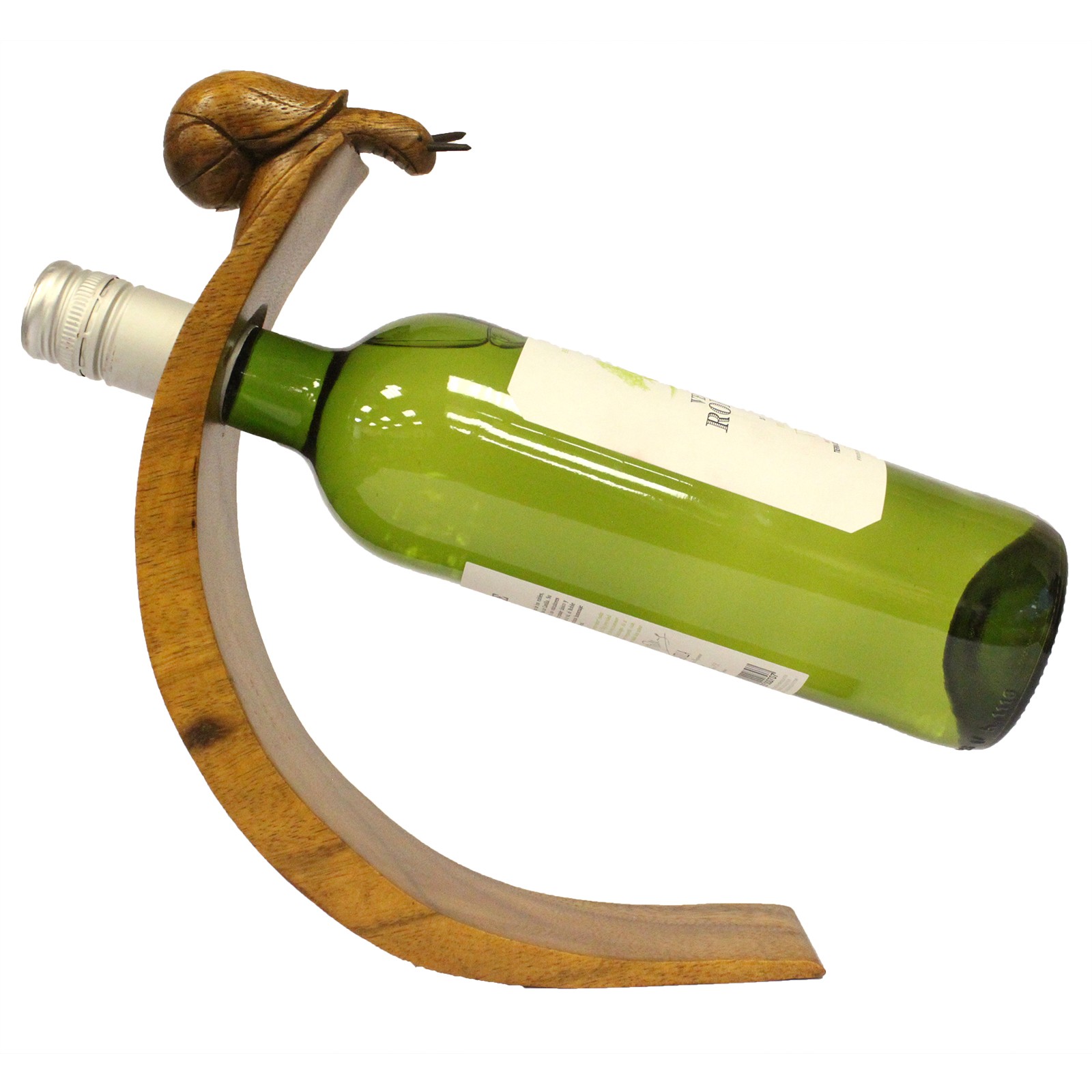 Hand-Carved Suar Wood Balancing Wine Bottle Holder - Snail Design1