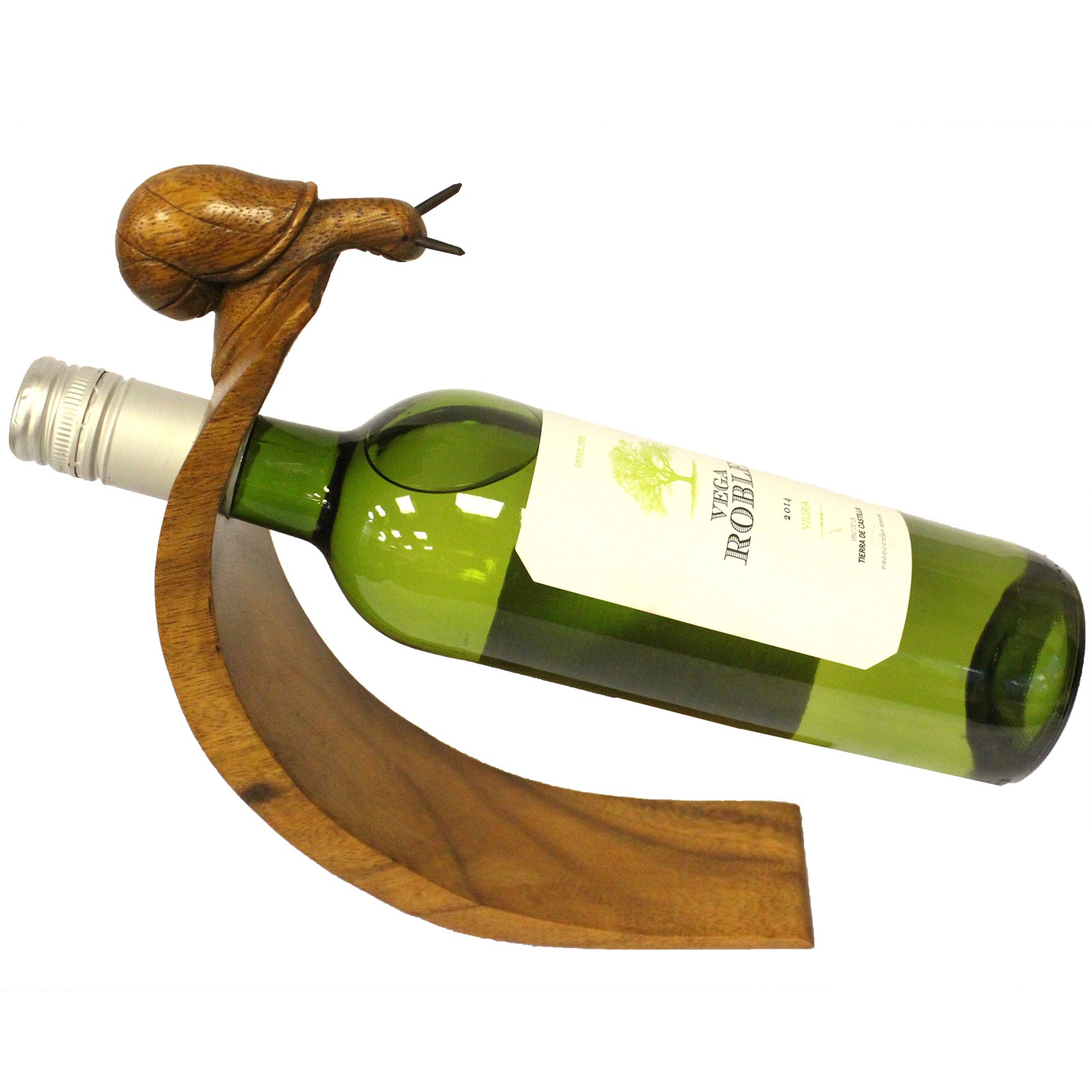 Hand-Carved Suar Wood Balancing Wine Bottle Holder - Snail Design2