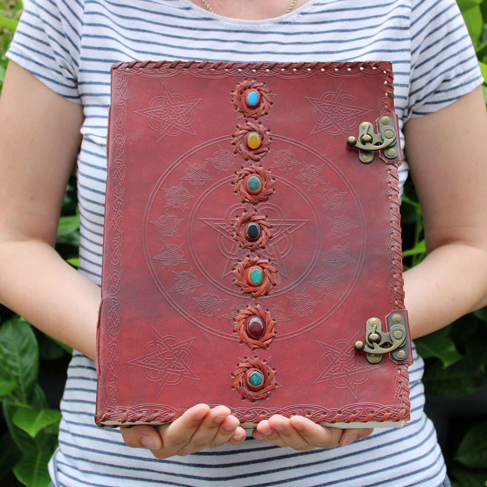Large Leather 7 Chakra Stone Blank Journal & Guest Book (10x13
