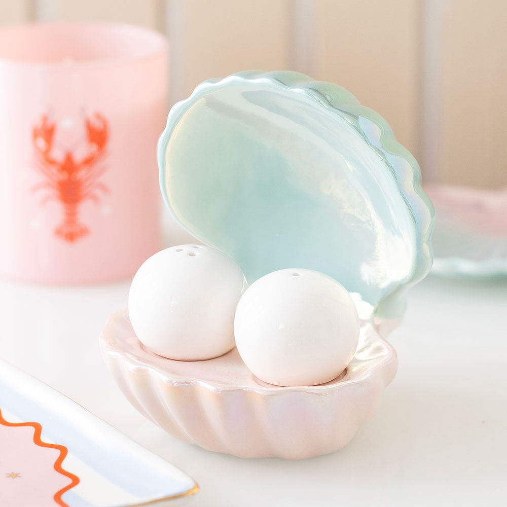 Iridescent Clam Shell & Pearl Salt and Pepper Shakers