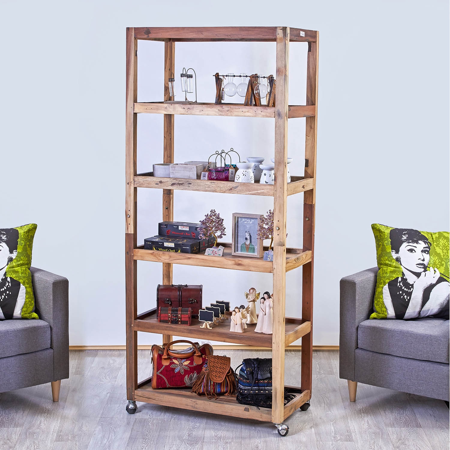 Hand-Crafted Recycled Teak Wood 6-Tier Display Unit with Casters4