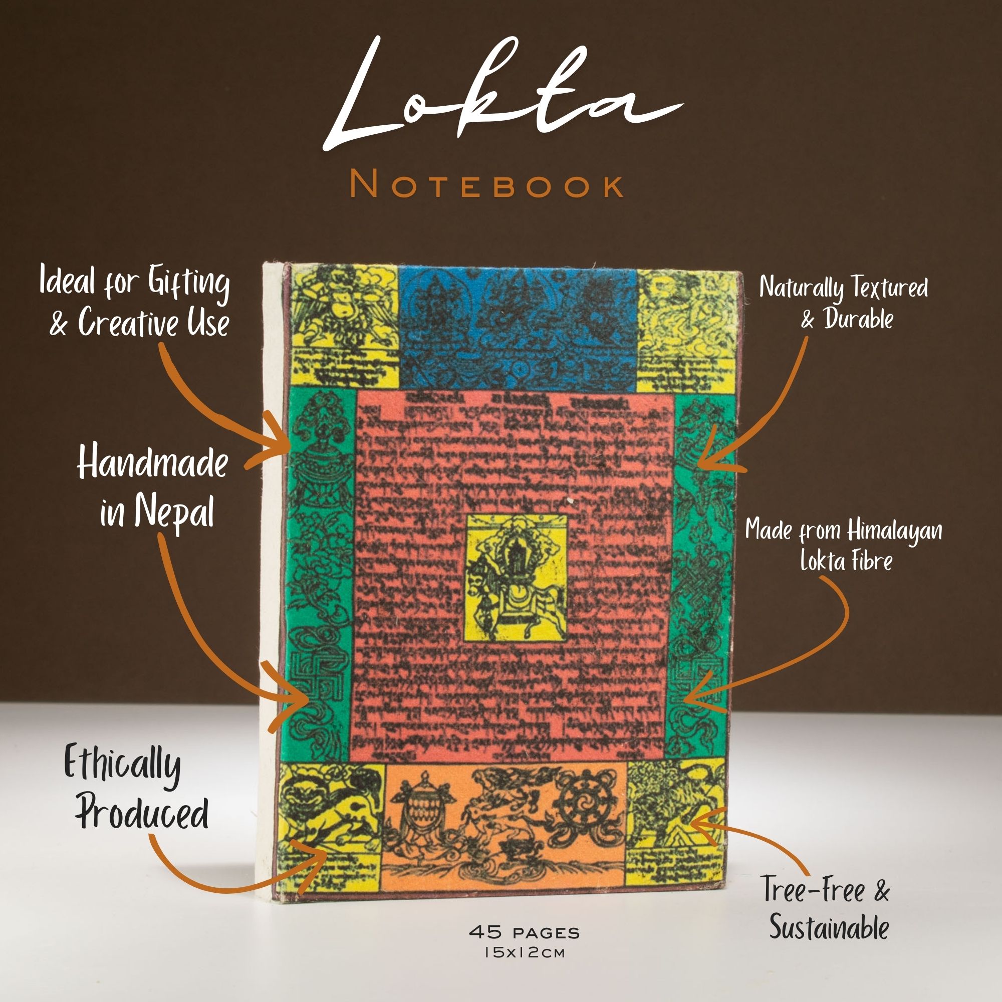 Handmade Lokta Paper Notebook – Traditional Tibetan Prayer Flag (15x12cm)1