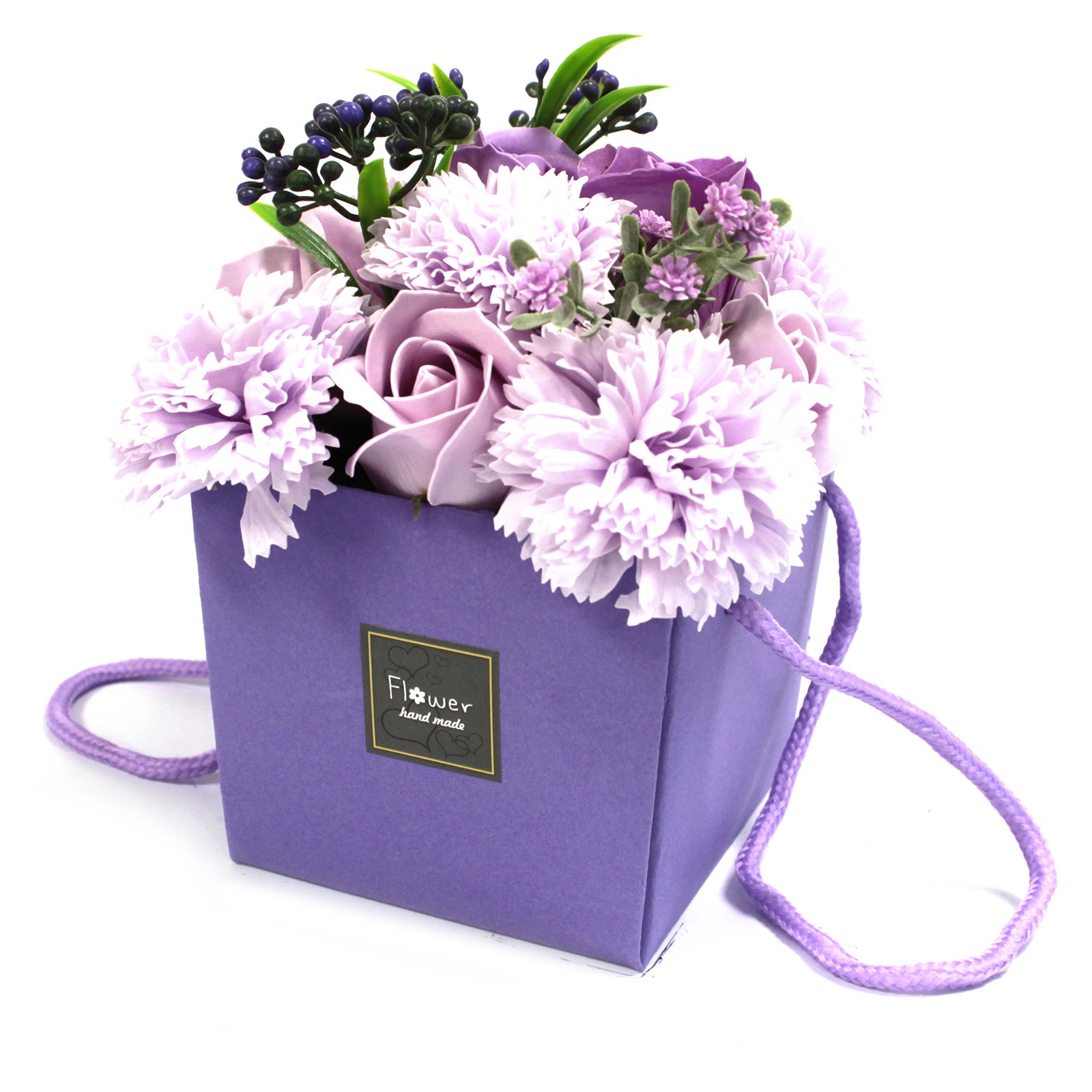 Purple Rose & Carnation Soap Flower Bouquet in Gift Box