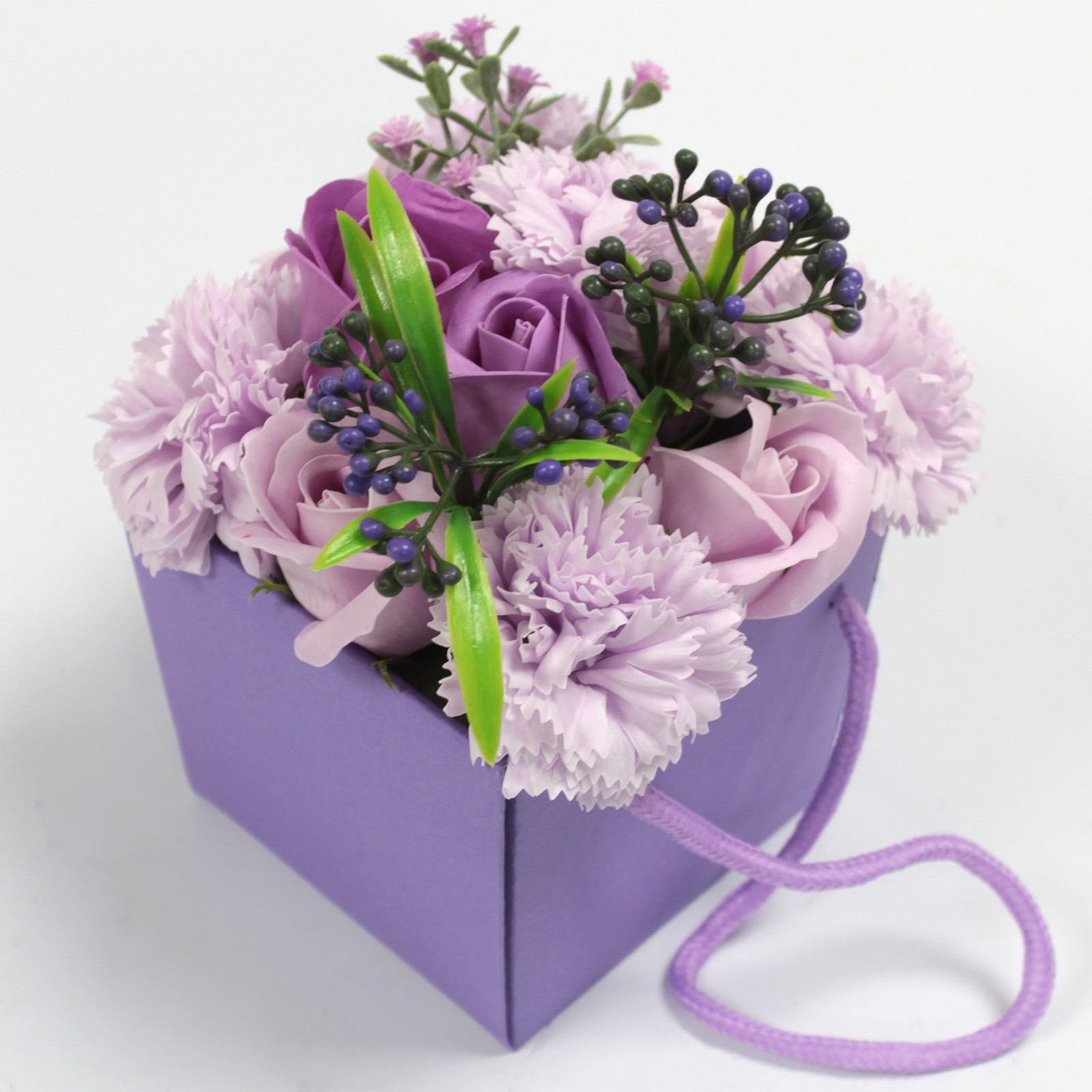 Purple Rose & Carnation Soap Flower Bouquet in Gift Box1