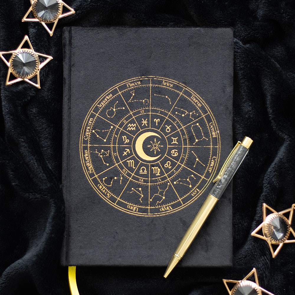 Astrology Wheel Black Velvet Journal & Obsidian Crystal Pen Set4