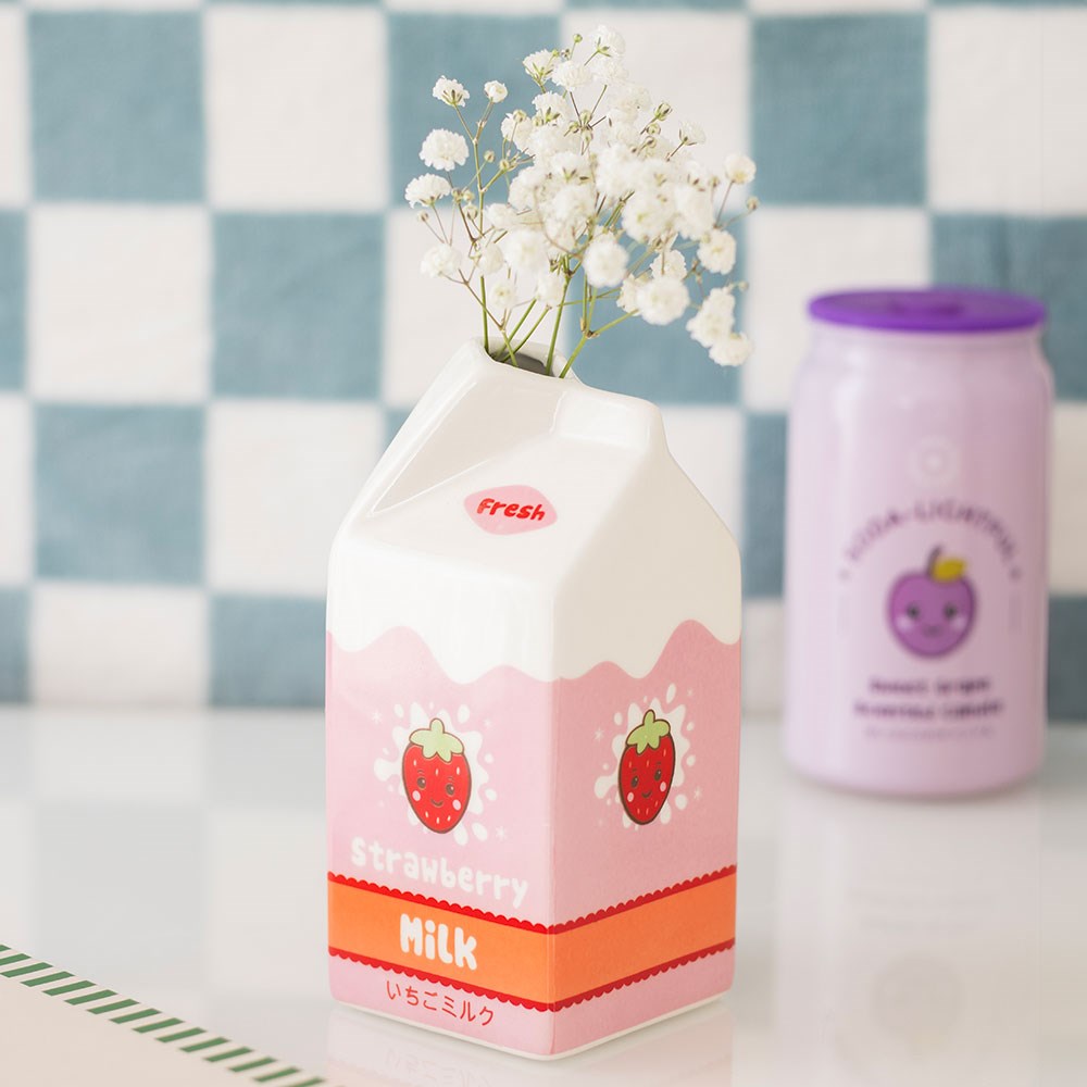 Kawaii Strawberry Milk Carton Ceramic Vase3