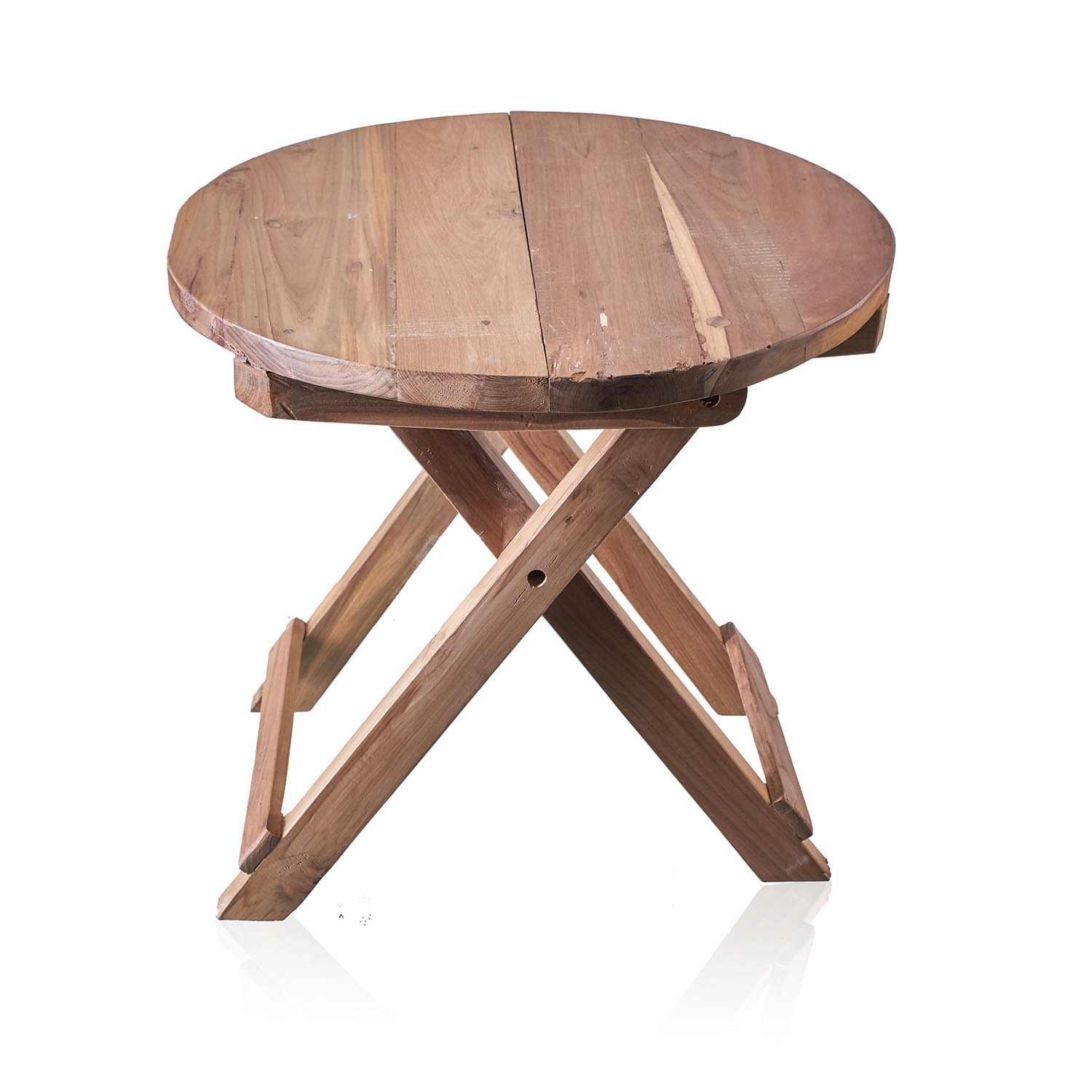 Rustic Upcycled Teak Wood Round Folding Coffee Table - 50cm2