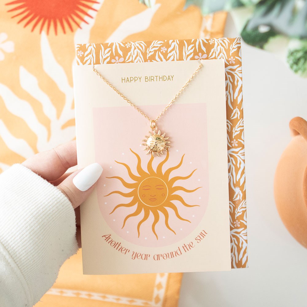 Gold Sun Face Necklace & Birthday Card Set - Another Year Around The Sun5