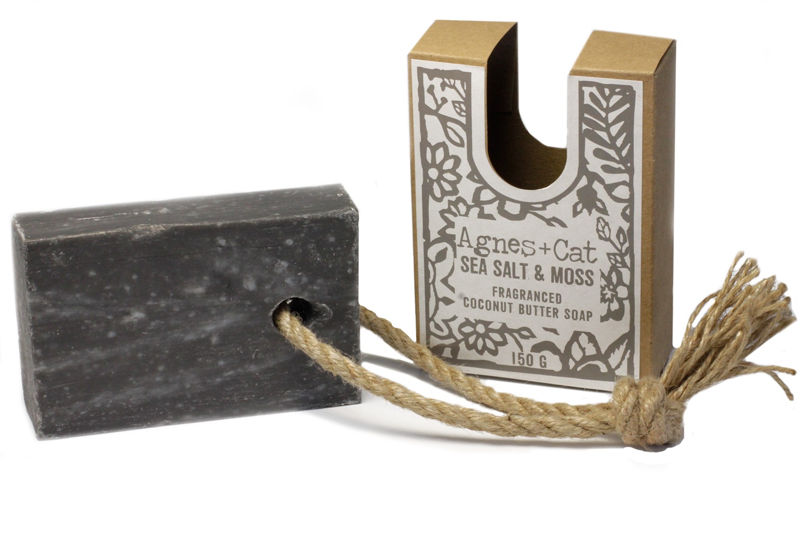 Agnes + Cat Fragranced Coconut Butter Soap on a Rope - Sea Salt & Moss1