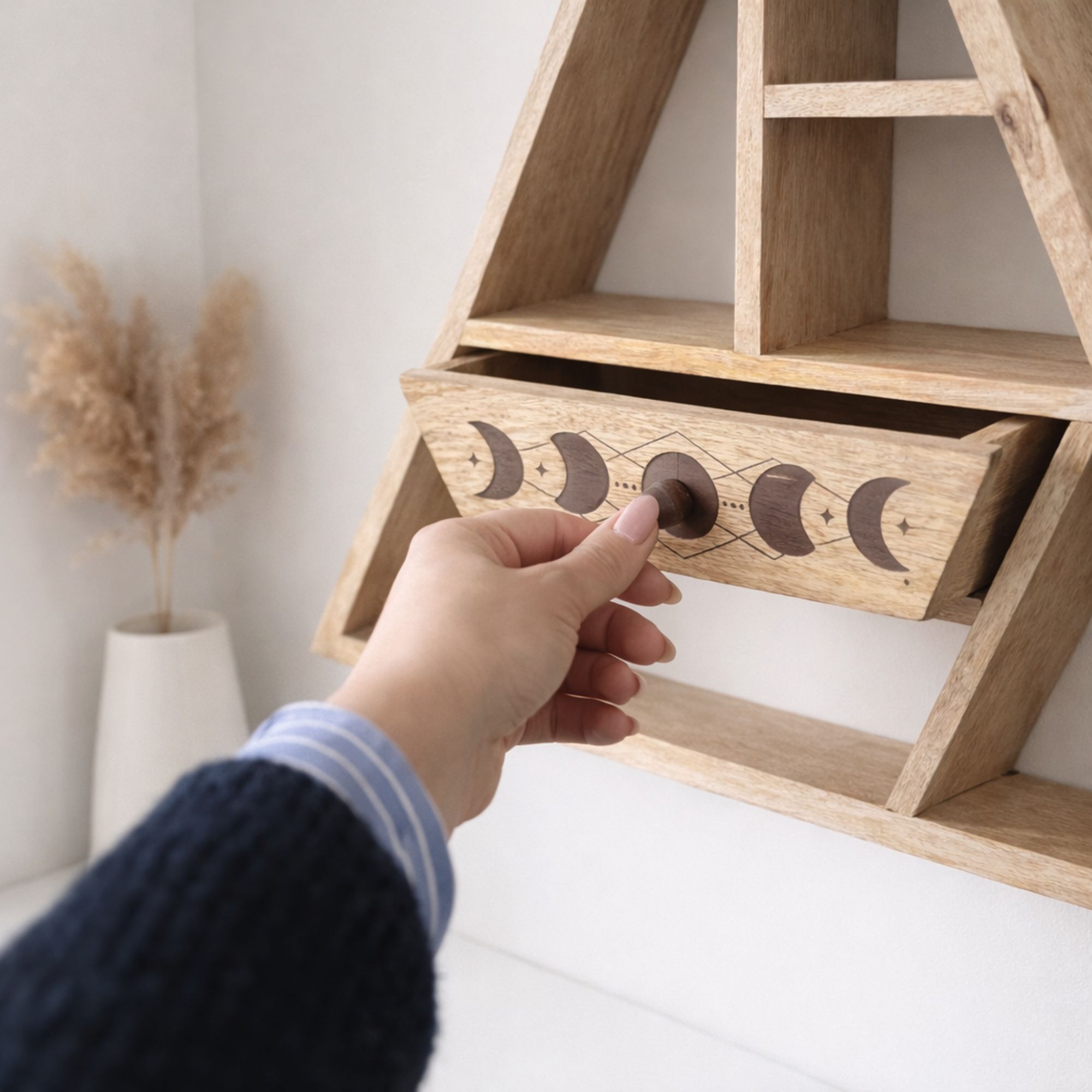 Mango Wood Triangle Wall Shelf with Moon Phase Drawer1