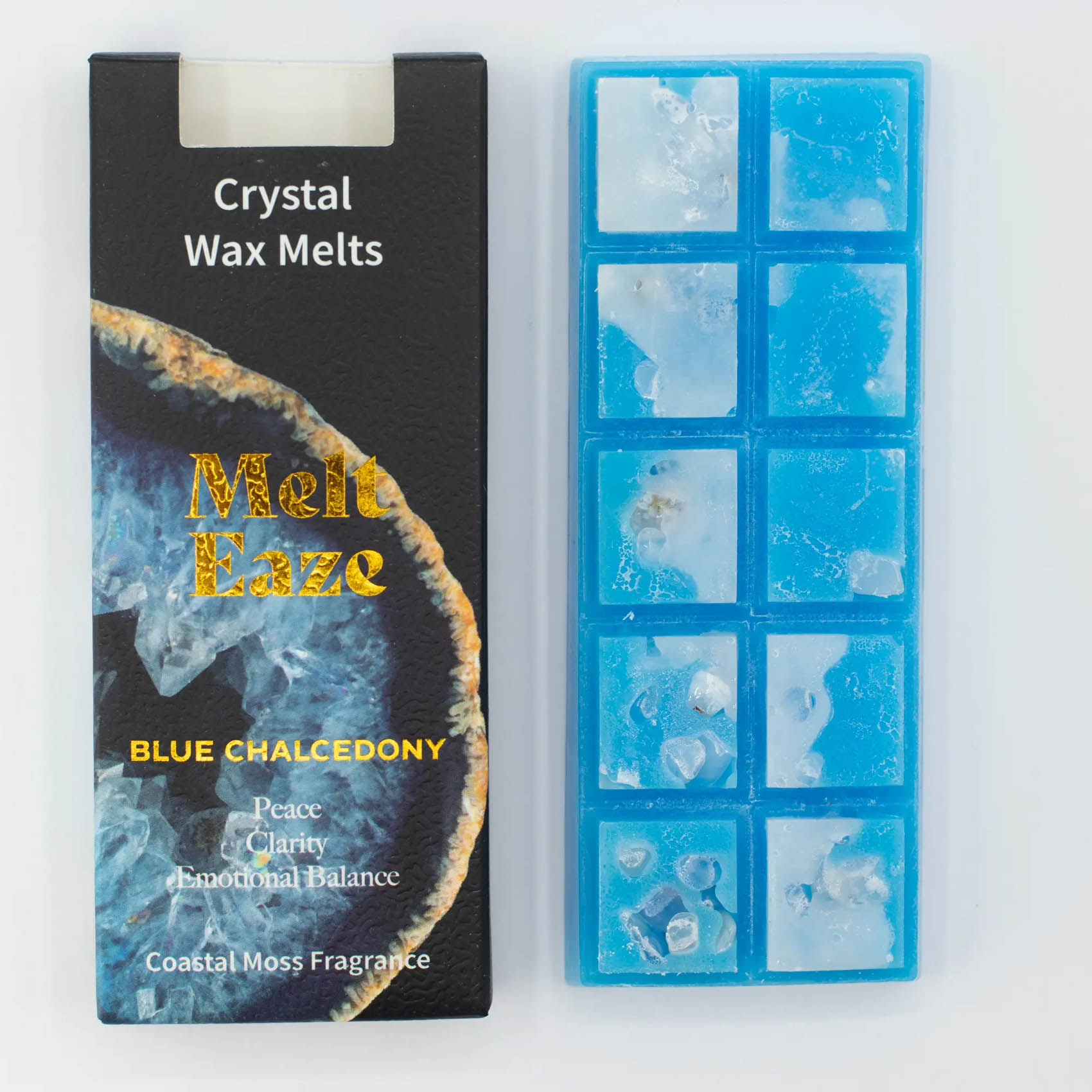 MeltEaze Blue Chalcedony Crystal Wax Melts – Coastal Moss Snap Bar (50g)1