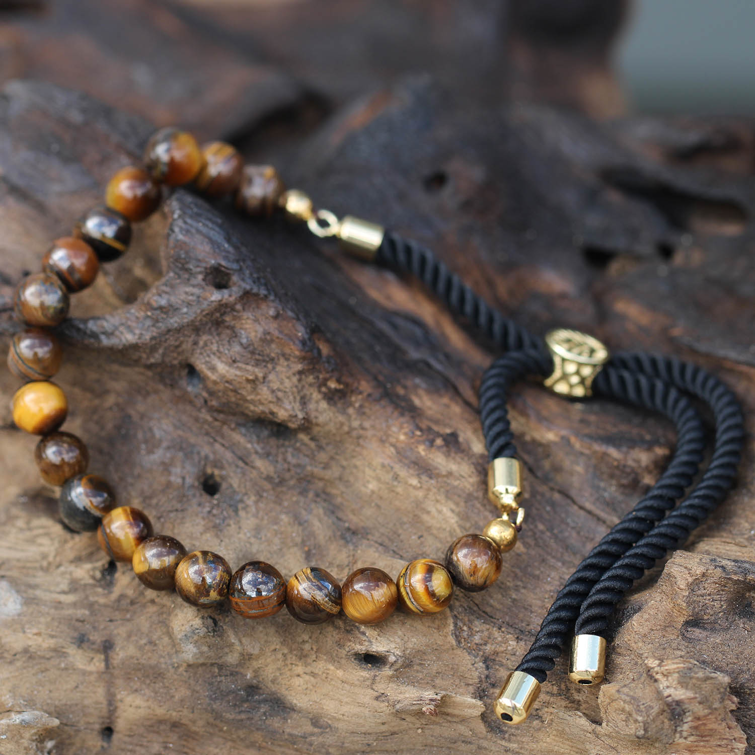 18K Gold Plated Tiger Eye Adjustable Black String Bracelet3