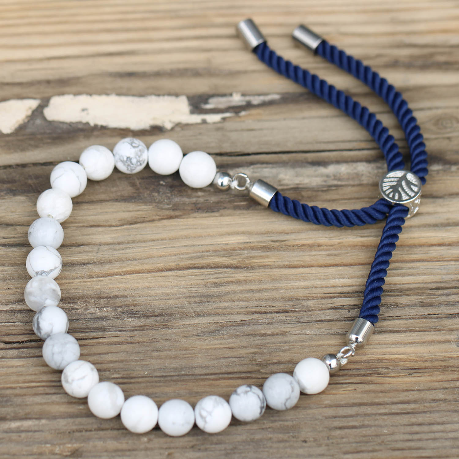 925 Silver Plated White Howlite Adjustable Navy String Bracelet3