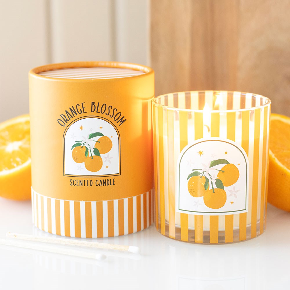 Mediterranean Orange Blossom Scented Candle in Striped Glass Jar3