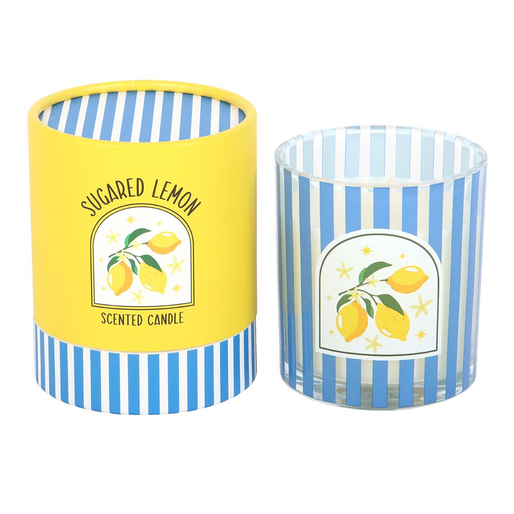 Sugared Lemon Scented Candle in Striped Blue Glass Jar