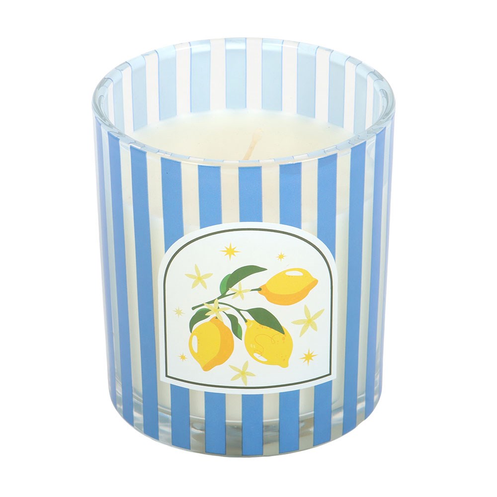 Sugared Lemon Scented Candle in Striped Blue Glass Jar1