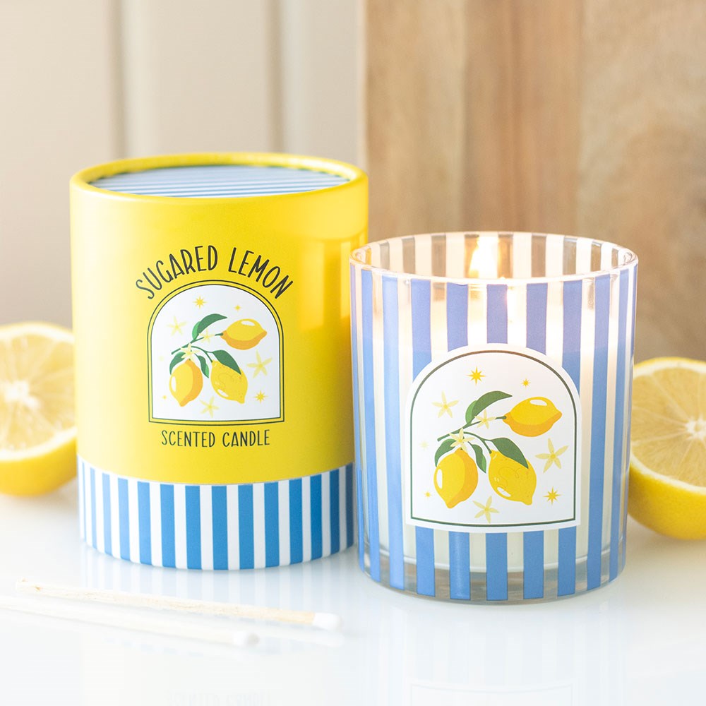 Sugared Lemon Scented Candle in Striped Blue Glass Jar3