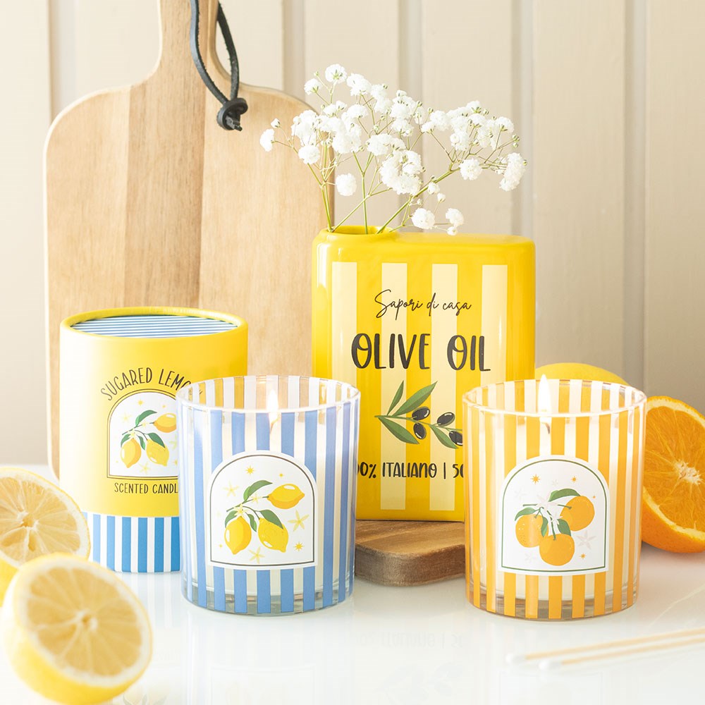 Sugared Lemon Scented Candle in Striped Blue Glass Jar4