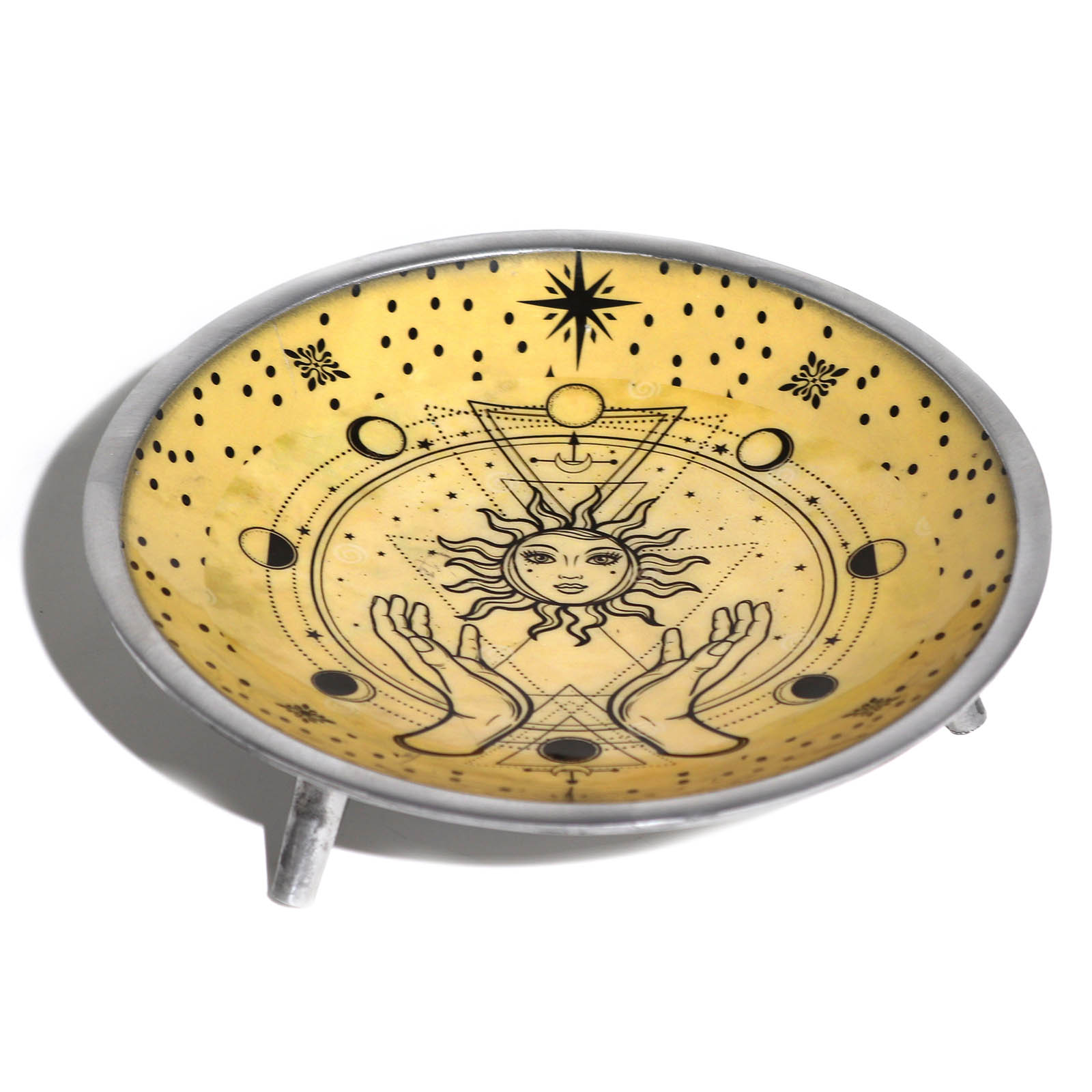 Cream Enamelled Hands & Sun Tri-Leg Offering Dish