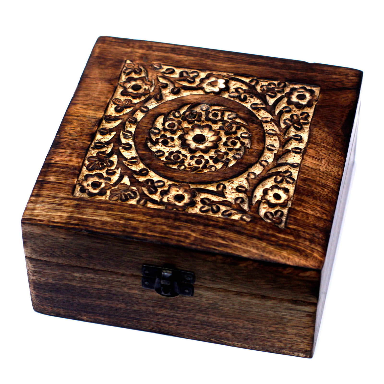 Hand-Carved Floral Mango Wood Essential Oil Box (Holds 25)