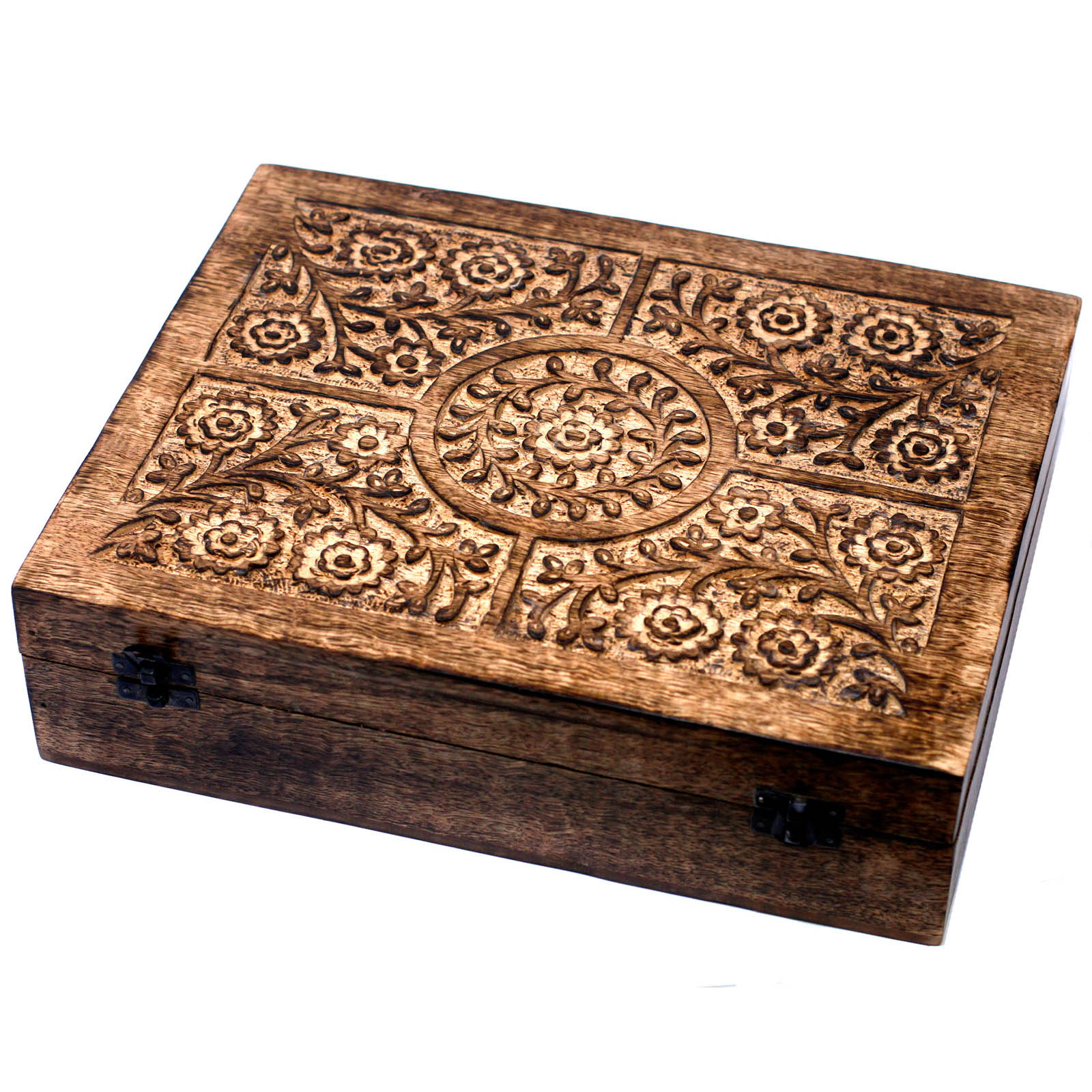 Hand-Carved Floral Mango Wood Essential Oil Box (Holds 80)