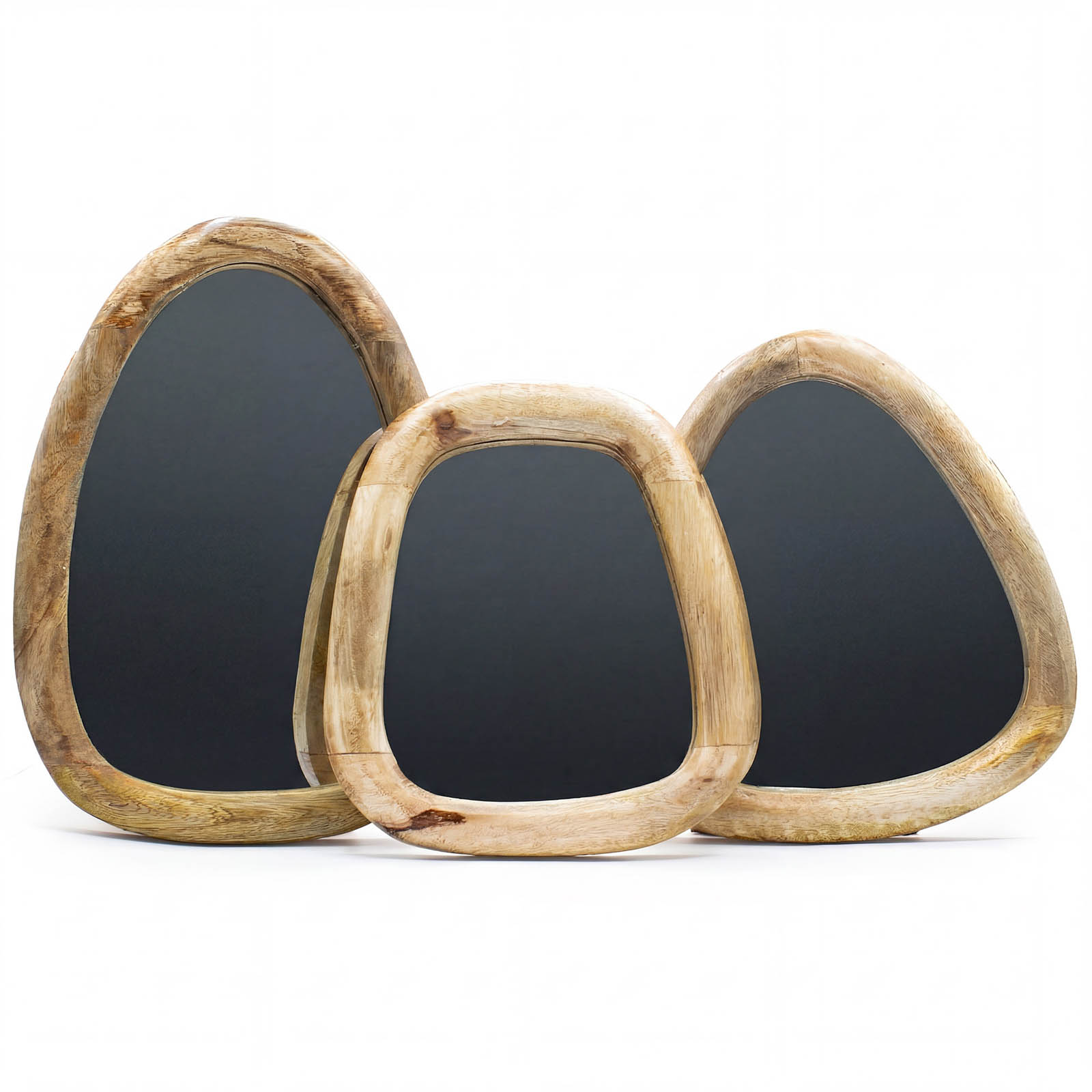 Set of 3 Mango Wood Pebble Mirrors – Light Wood Finish