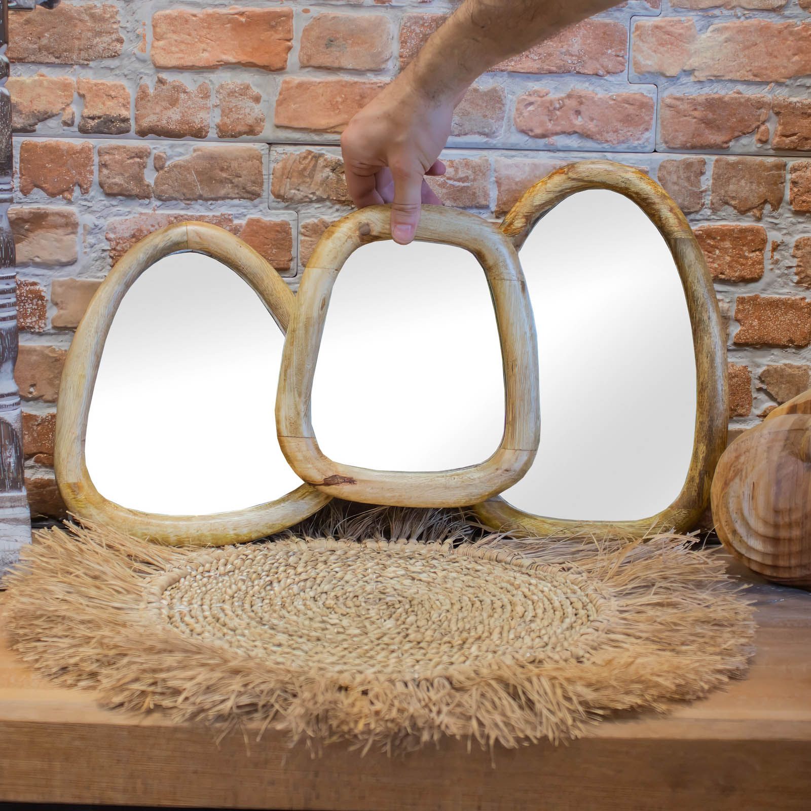 Set of 3 Mango Wood Pebble Mirrors – Light Wood Finish1