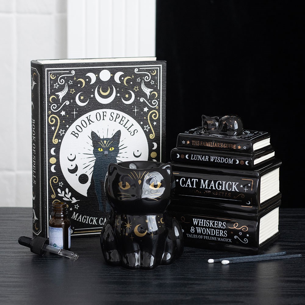 Mystical Spellbook Stack & Black Cat Ceramic Oil Burner4