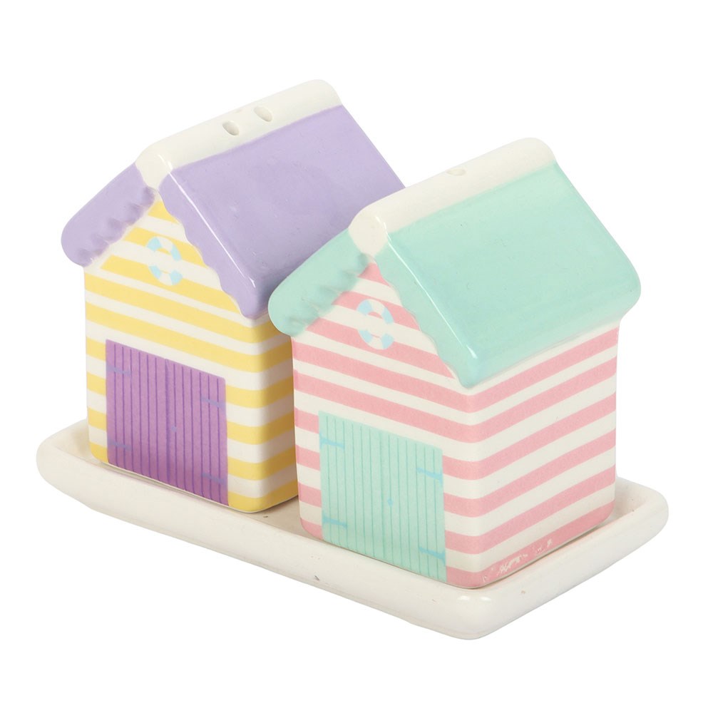 Pastel Beach Hut Ceramic Salt and Pepper Shakers with Tray1