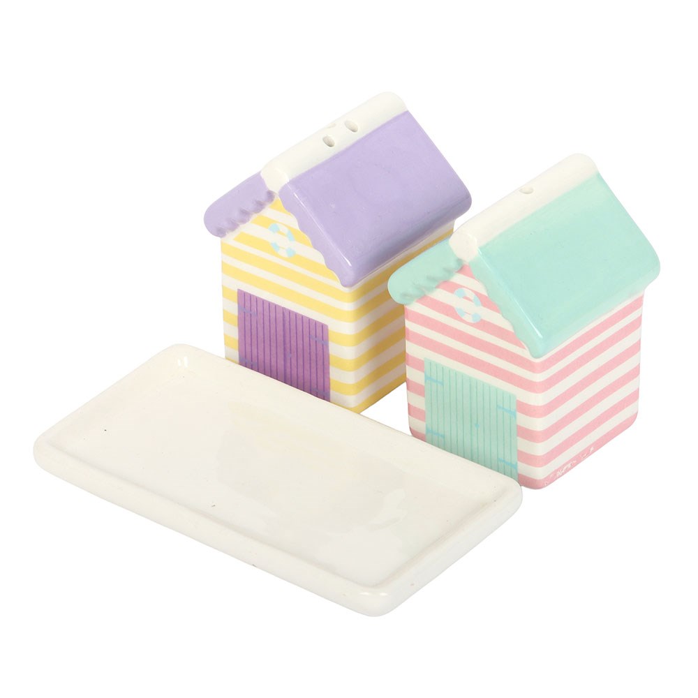 Pastel Beach Hut Ceramic Salt and Pepper Shakers with Tray2