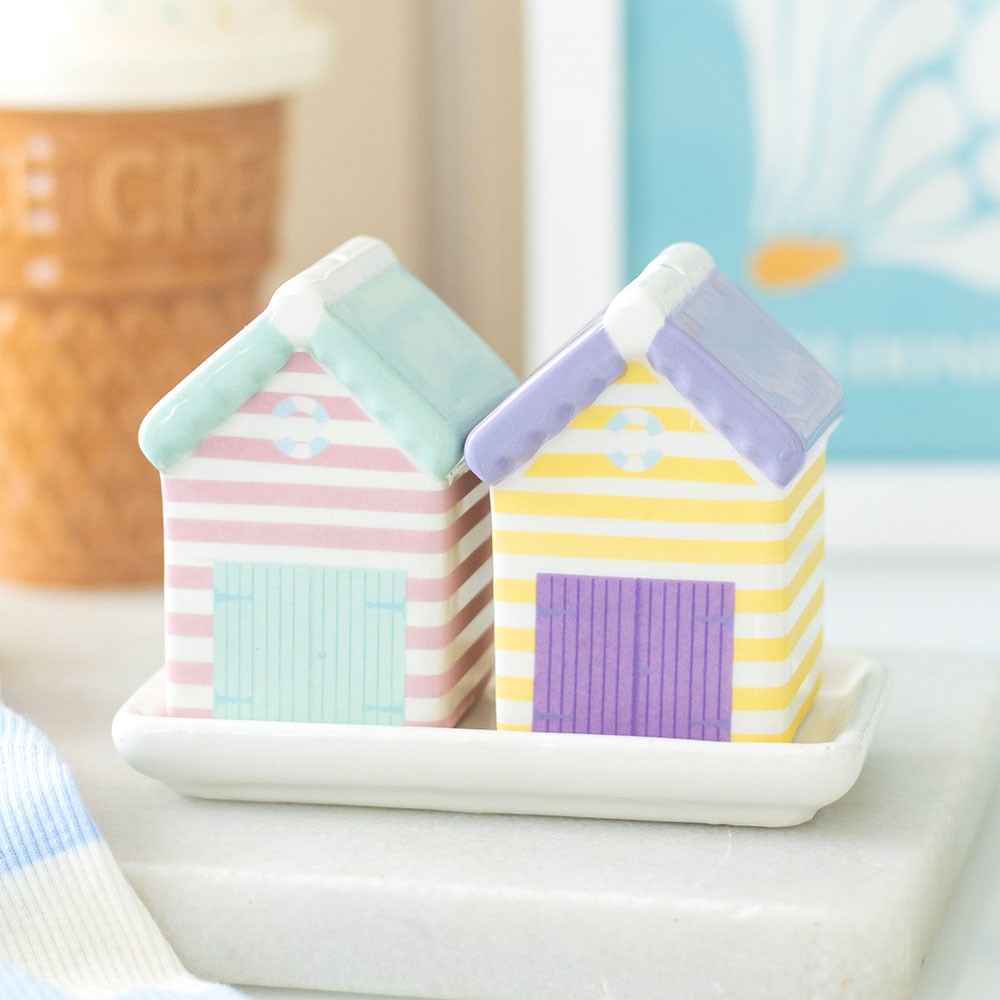 Pastel Beach Hut Ceramic Salt and Pepper Shakers with Tray4