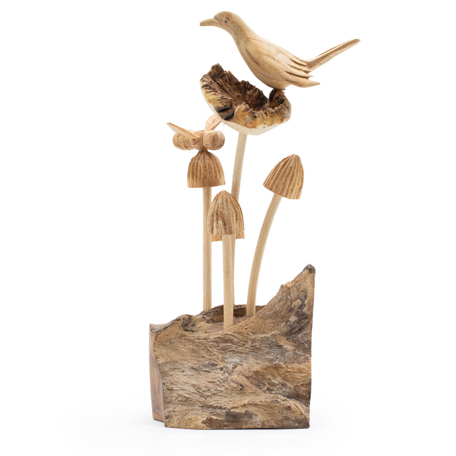 Bird & Bee on Mushrooms Handmade Parasite Wood Carving