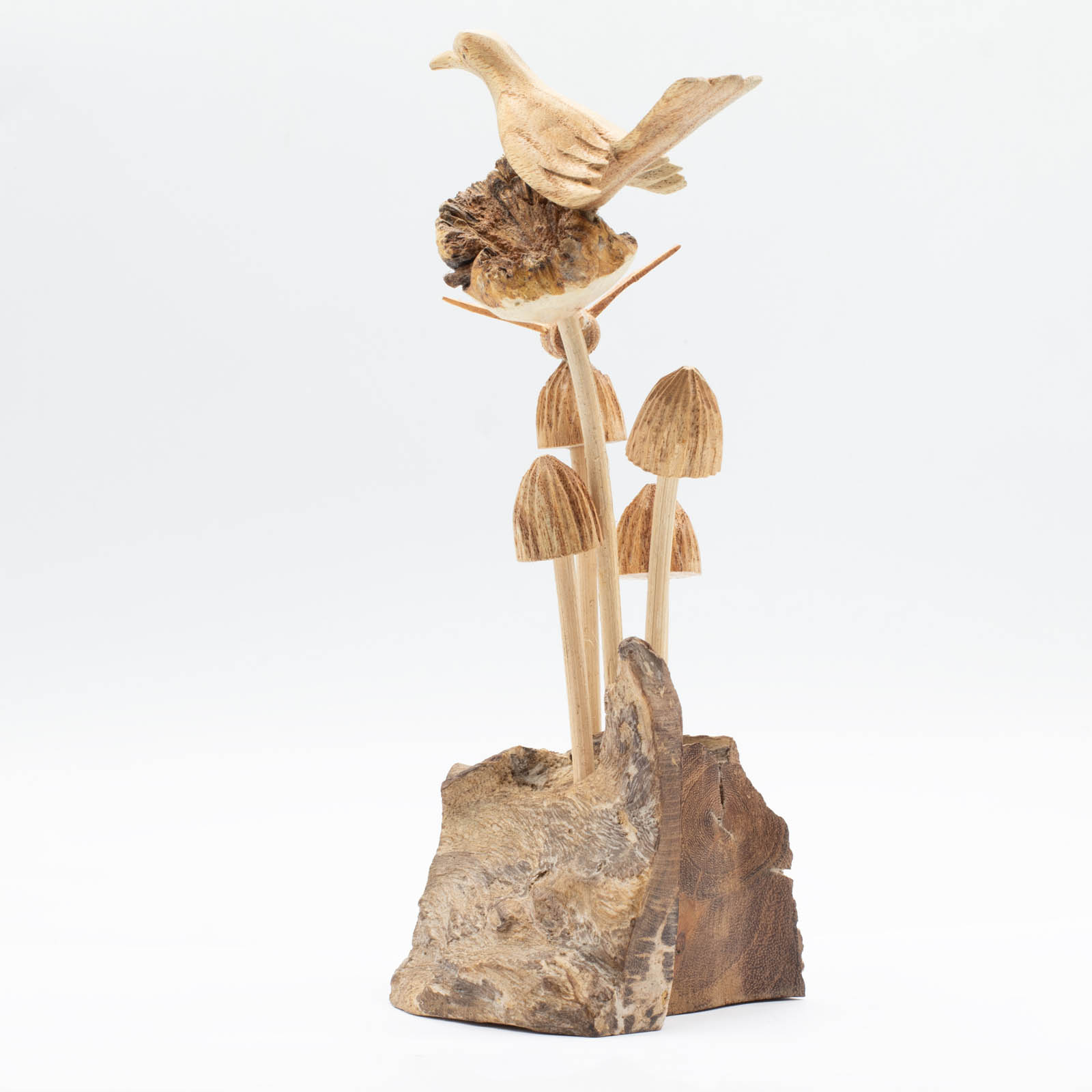 Bird & Bee on Mushrooms Handmade Parasite Wood Carving1