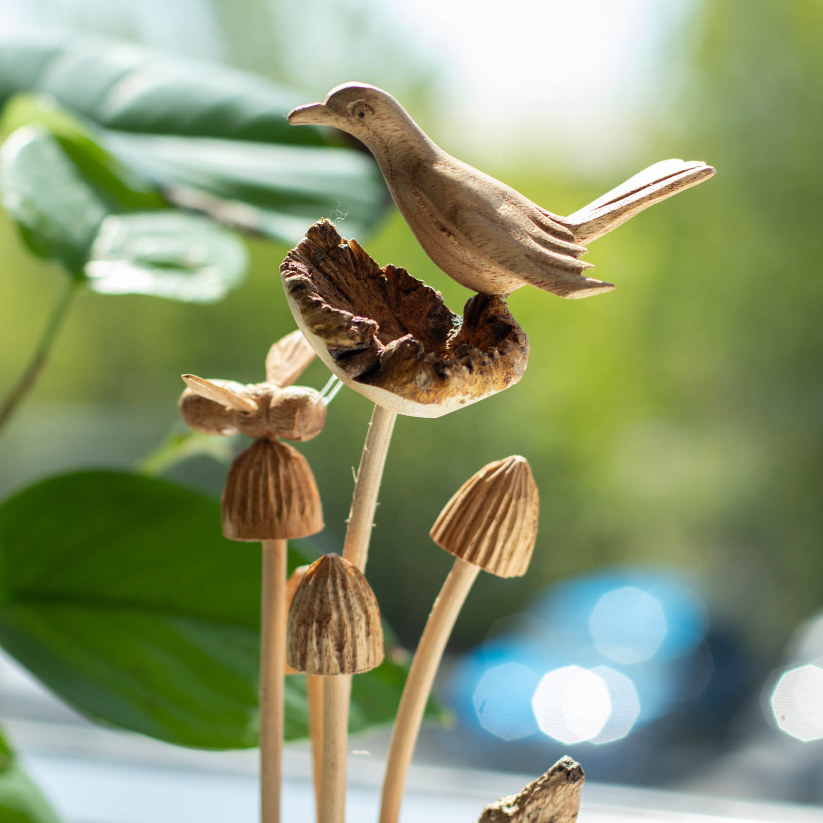 Bird & Bee on Mushrooms Handmade Parasite Wood Carving2