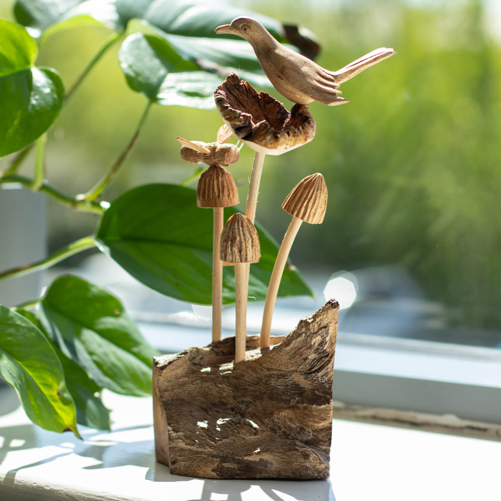 Bird & Bee on Mushrooms Handmade Parasite Wood Carving3