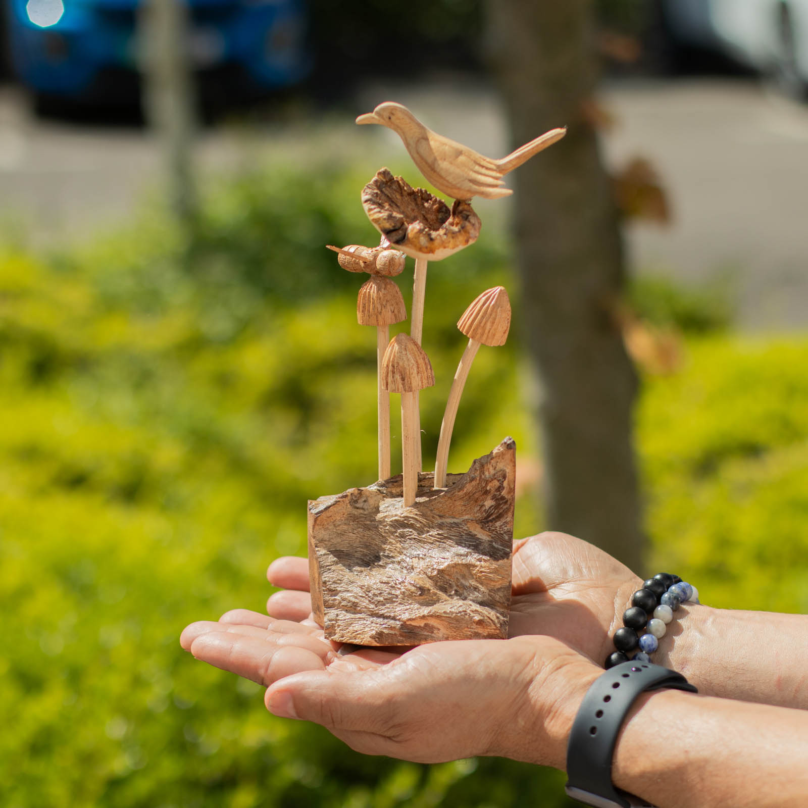 Bird & Bee on Mushrooms Handmade Parasite Wood Carving4