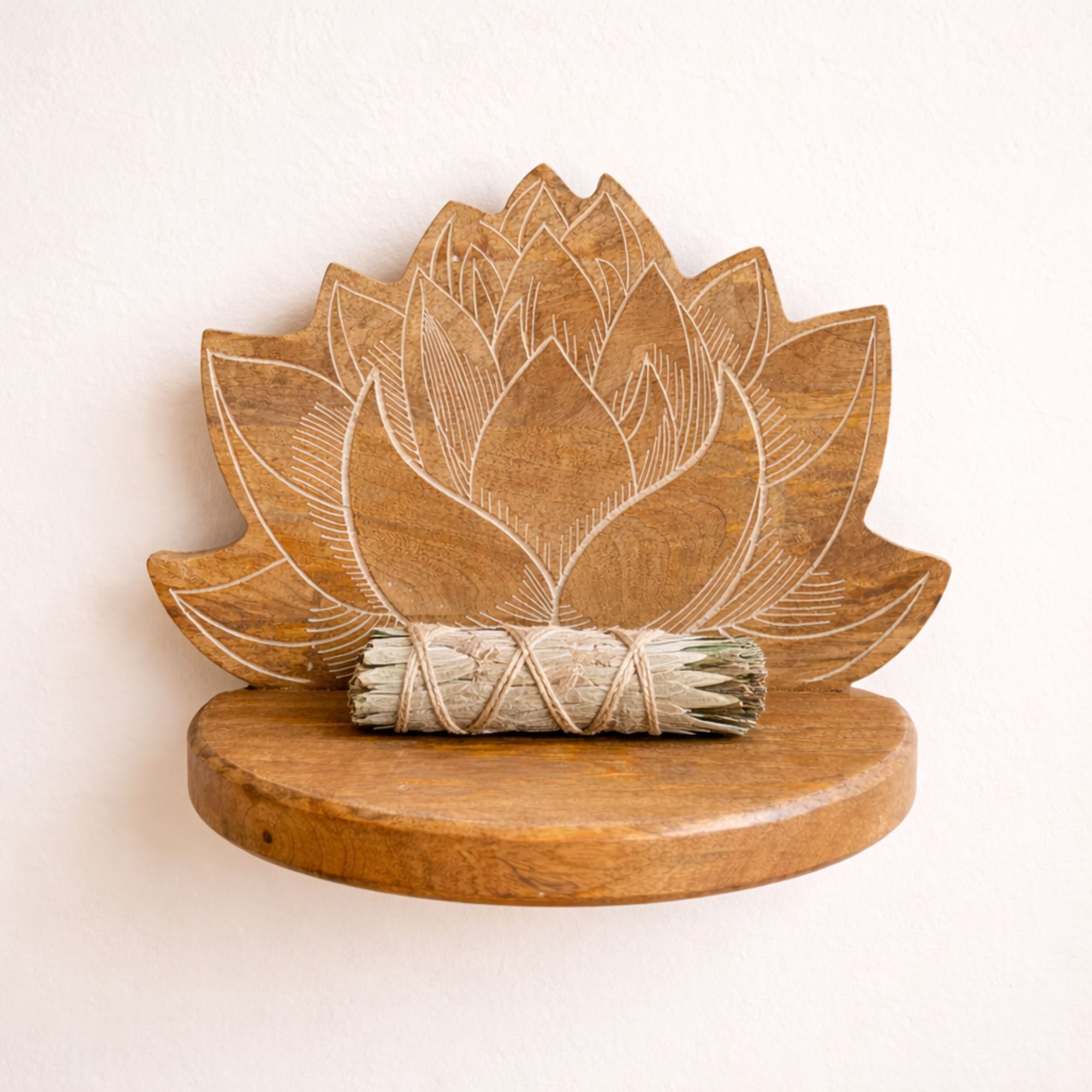 Hand-Carved Mango Wood Lotus Wall Shelf - White Wash1