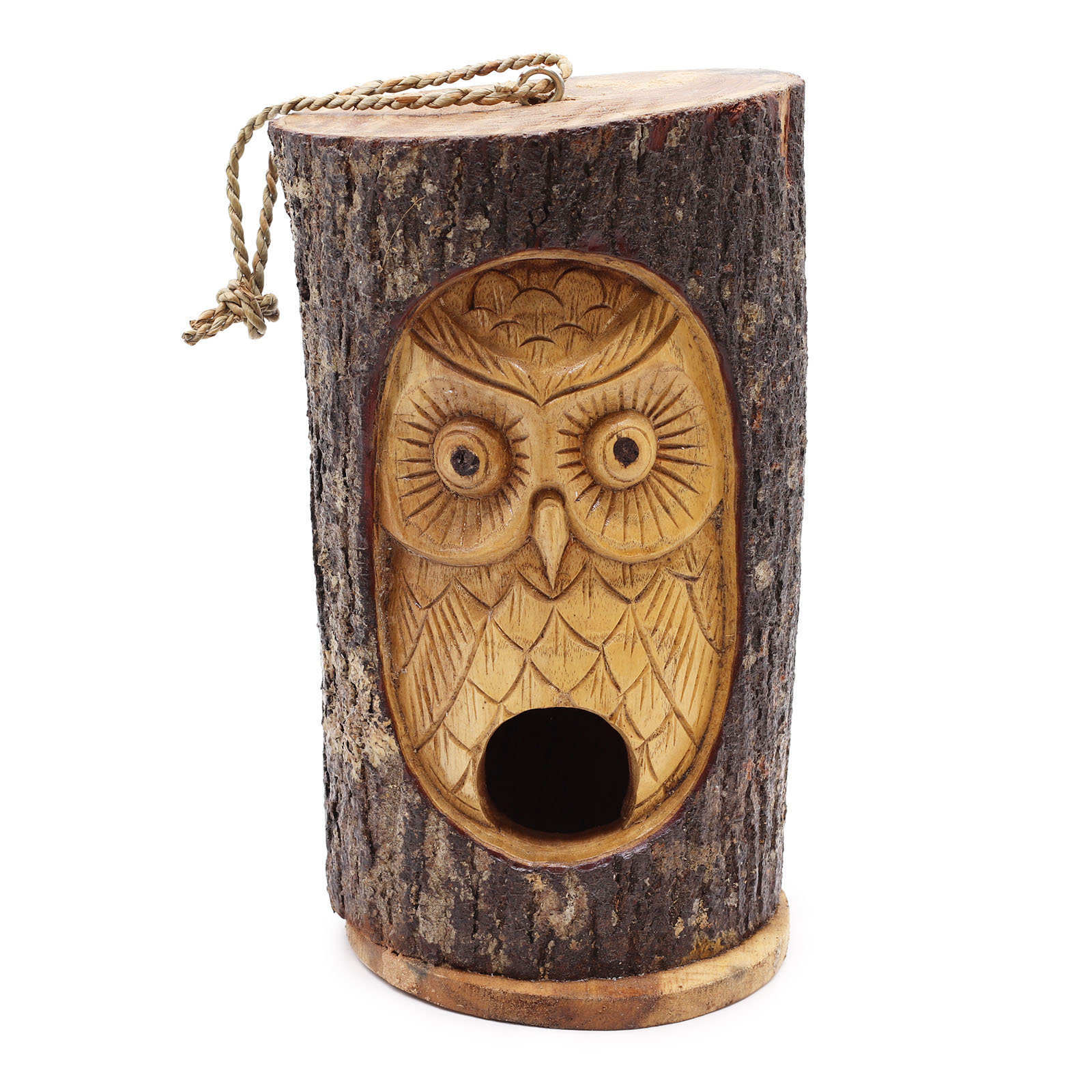 Hand-Carved Wooden Wise Owl Bird House - Natural Tree Trunk Design