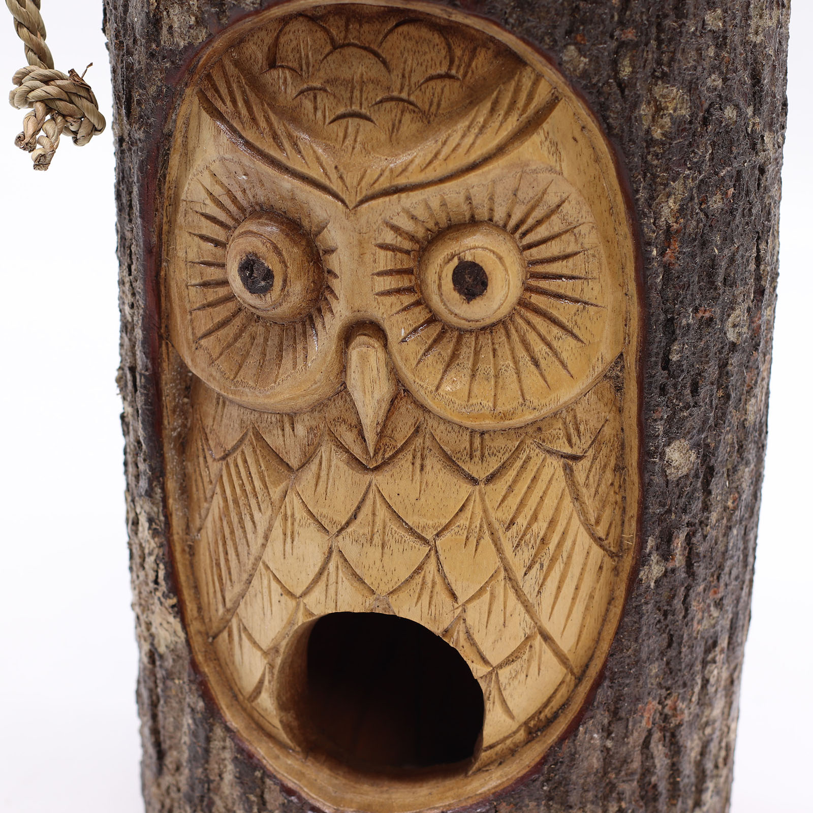 Hand-Carved Wooden Wise Owl Bird House - Natural Tree Trunk Design1