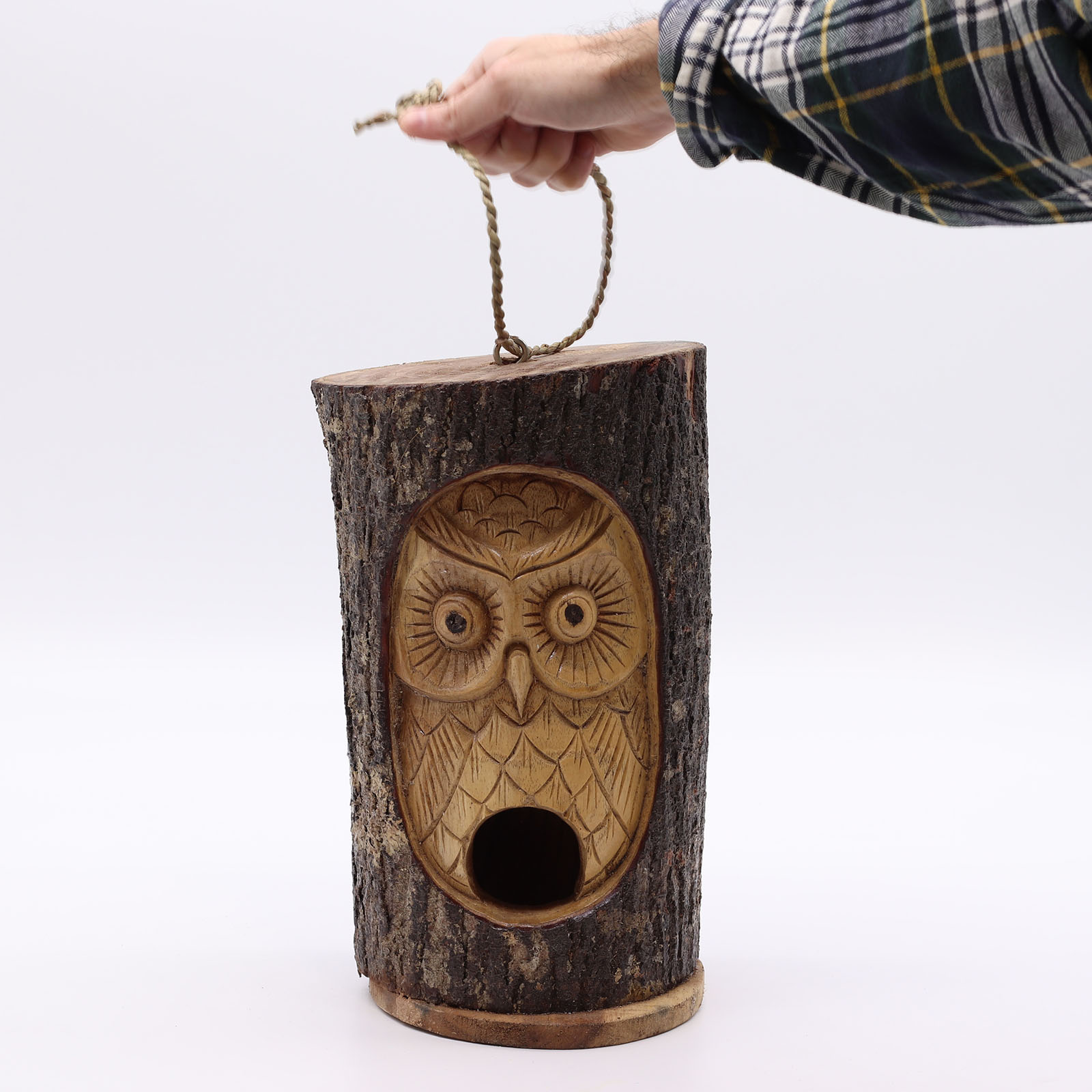 Hand-Carved Wooden Wise Owl Bird House - Natural Tree Trunk Design2