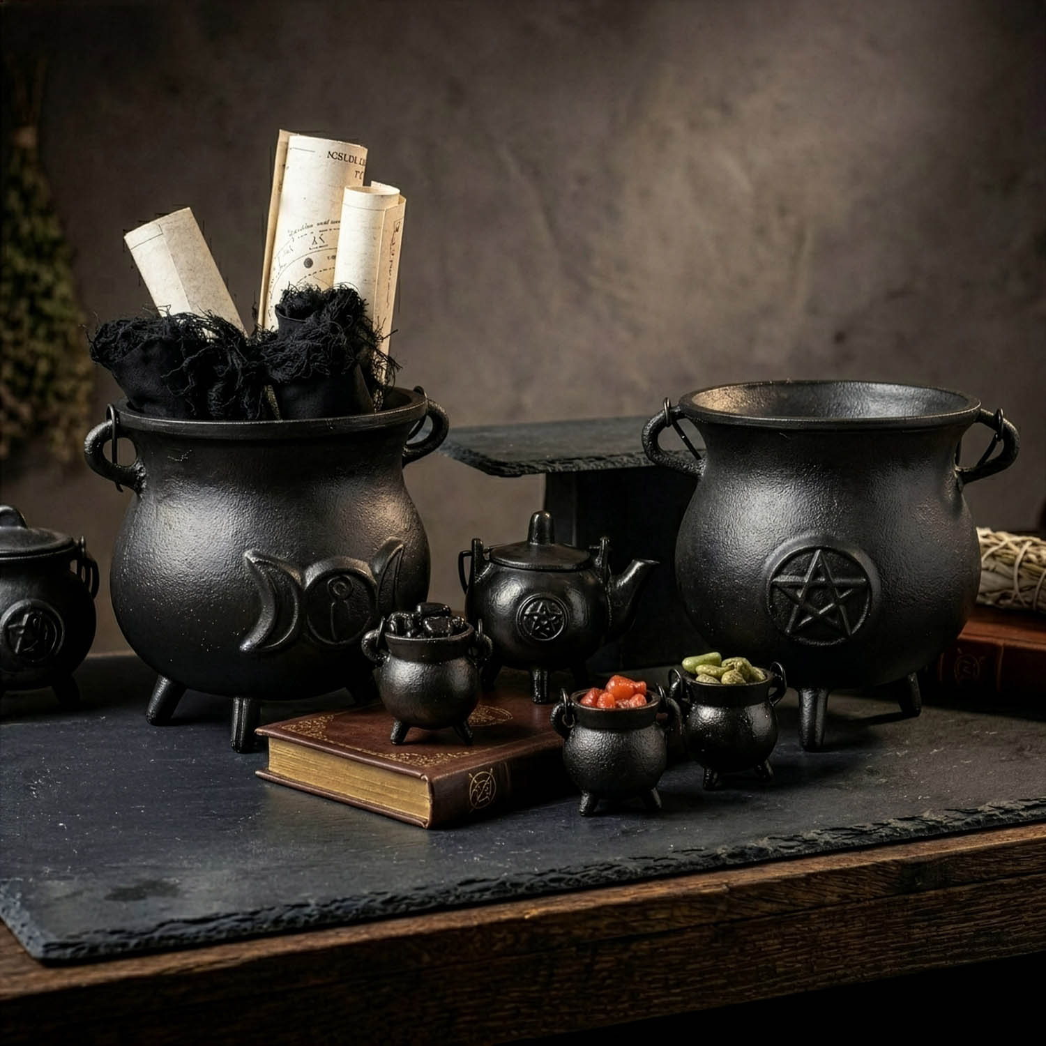 Extra Huge Cast Iron Triple Moon Cauldron with Lid (23cm)6
