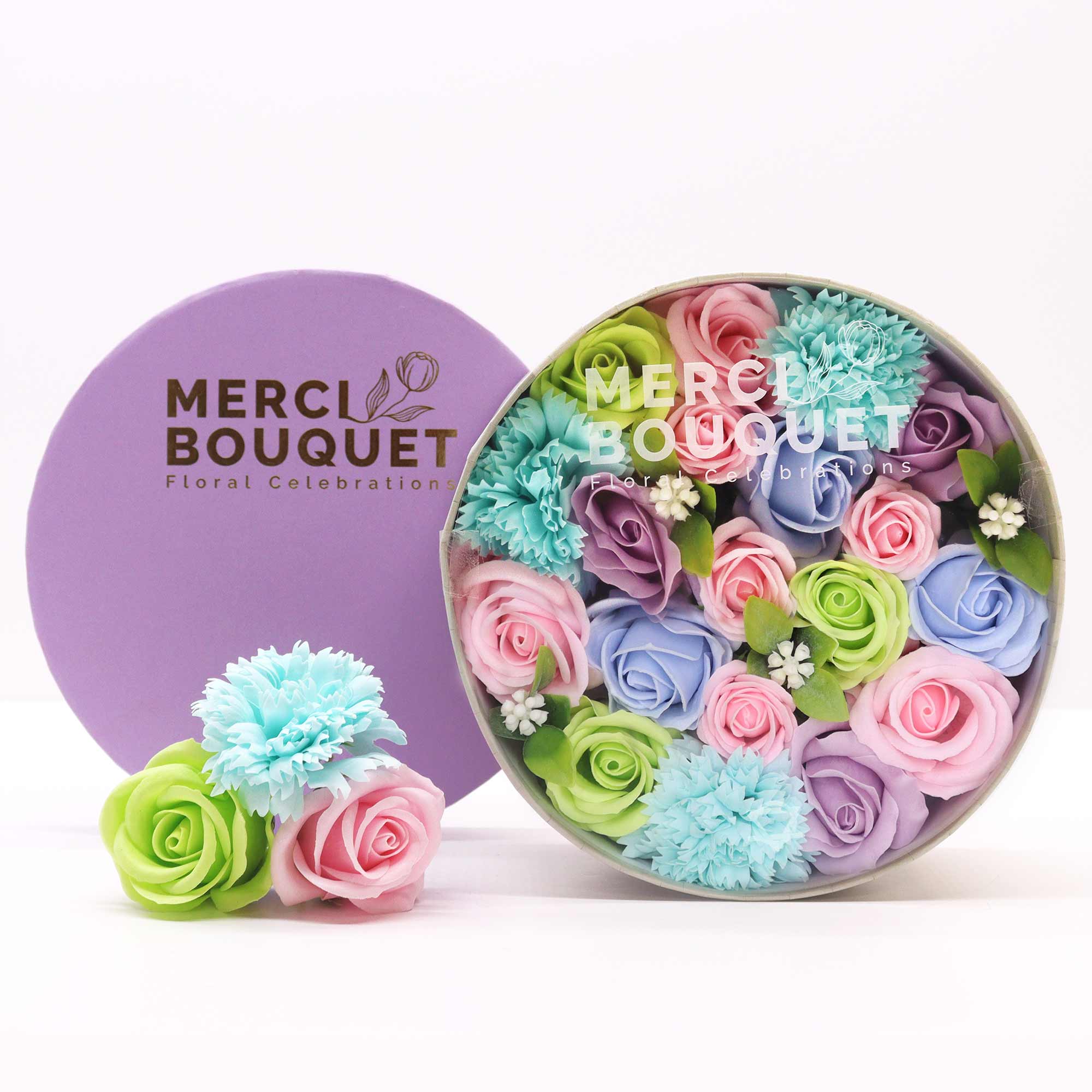Merci Bouquet Soap Flower Round Gift Box – Baby Blessings in Pastel Blues