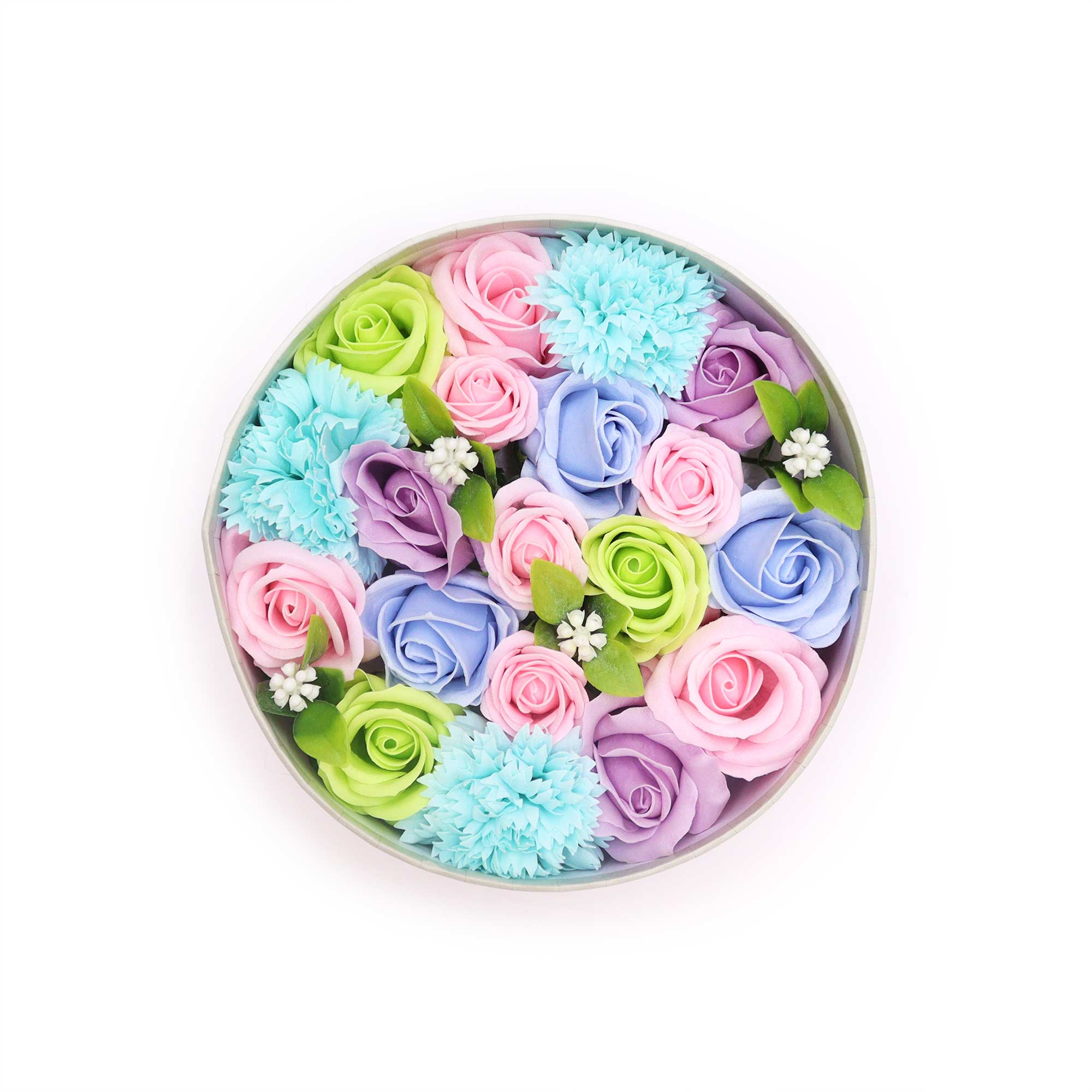 Merci Bouquet Soap Flower Round Gift Box – Baby Blessings in Pastel Blues1