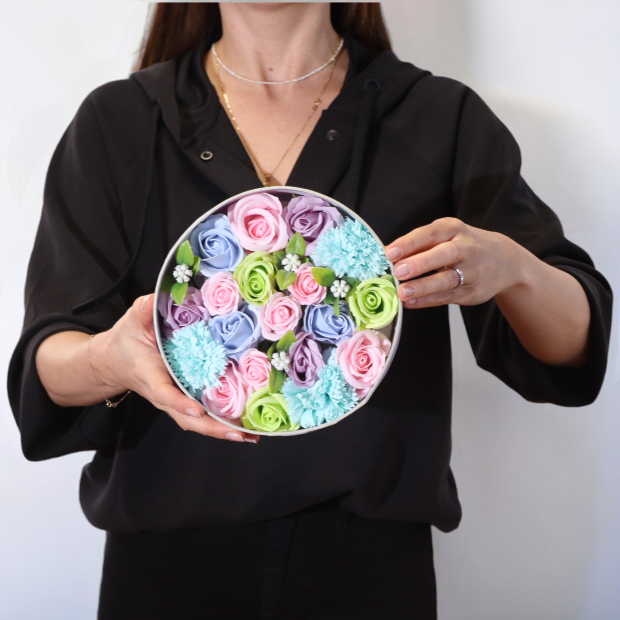 Merci Bouquet Soap Flower Round Gift Box – Baby Blessings in Pastel Blues4
