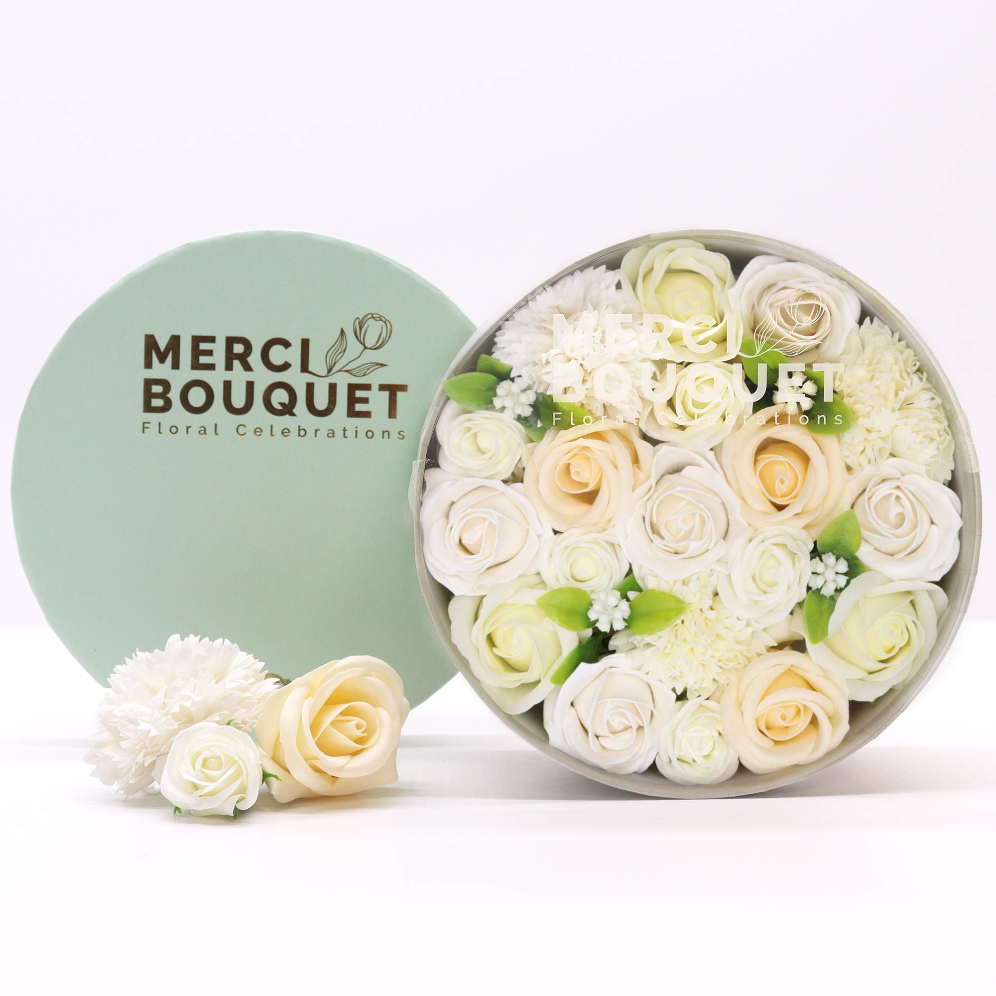Merci Bouquet Soap Flower Gift Box - Wedding Blessings in White & Ivory