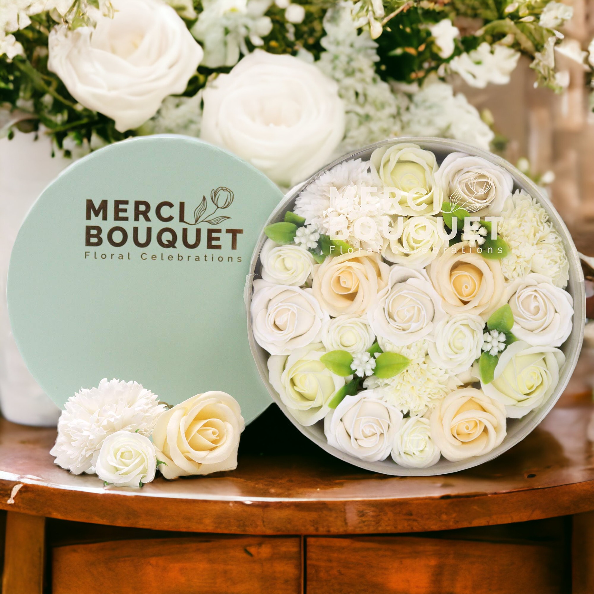 Merci Bouquet Soap Flower Gift Box - Wedding Blessings in White & Ivory4