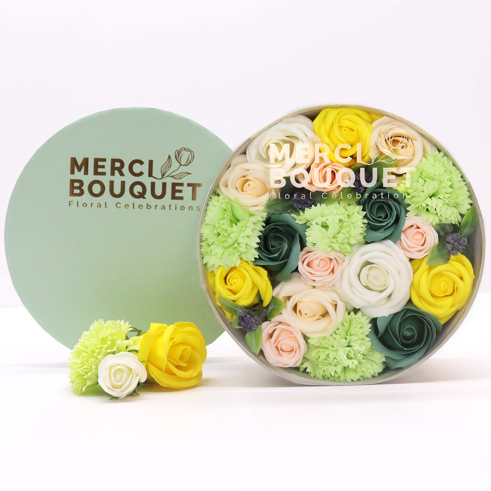 Merci Bouquet Soap Flower Gift Box - Spring Celebrations in Yellow & Greens
